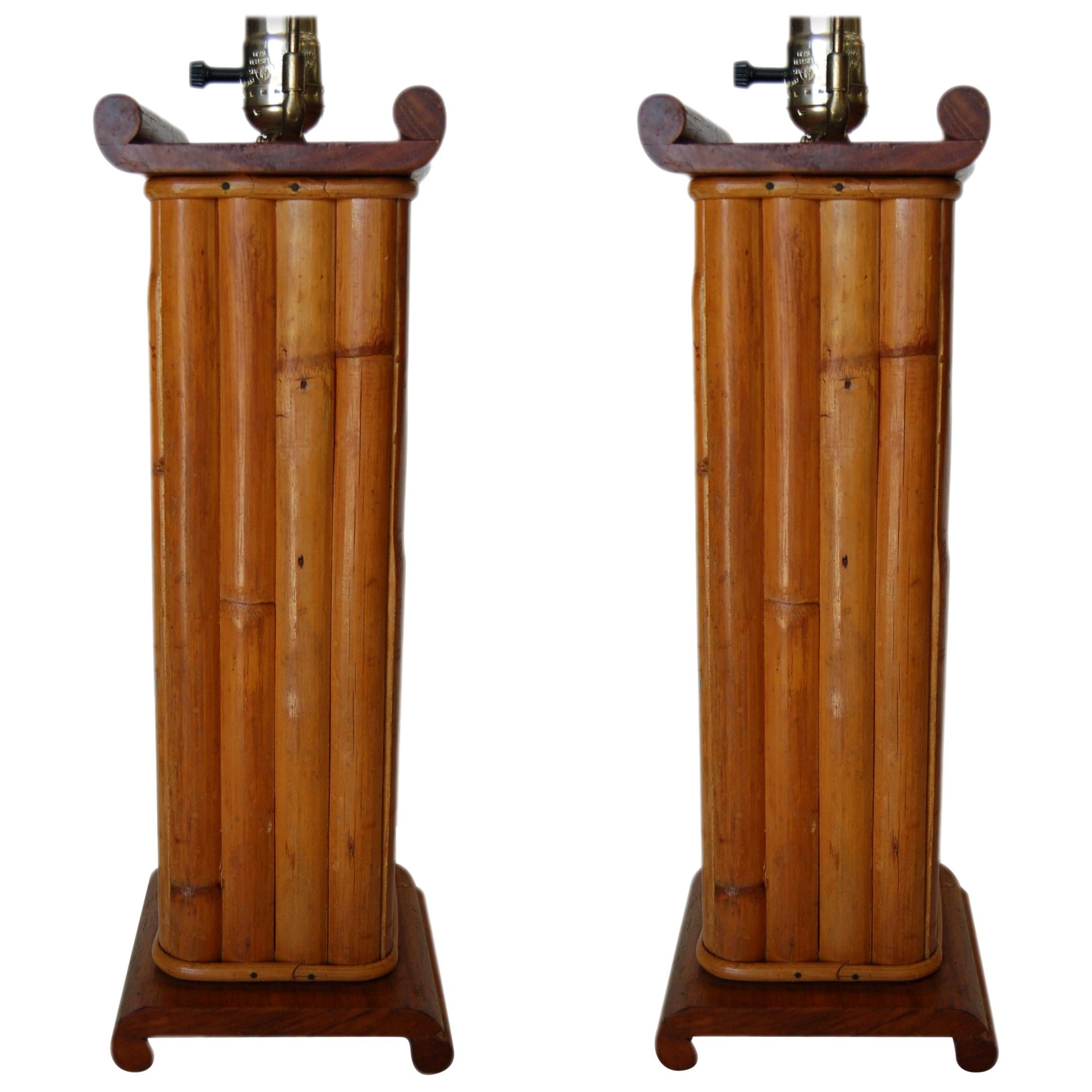 Pair of Restored Paul Frankl Demi Inspired Rattan and Mahogany Table Lamp