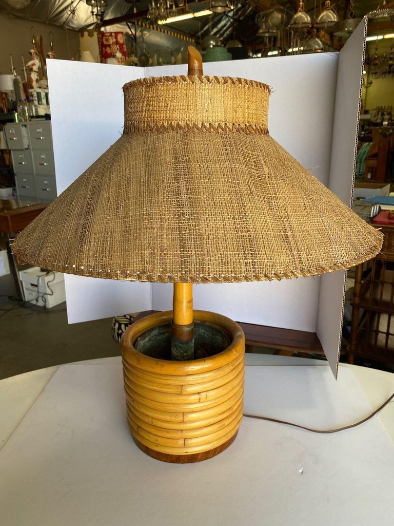 Pair of Restored Paul Frankl Rattan Table Lamp with Original Wicker