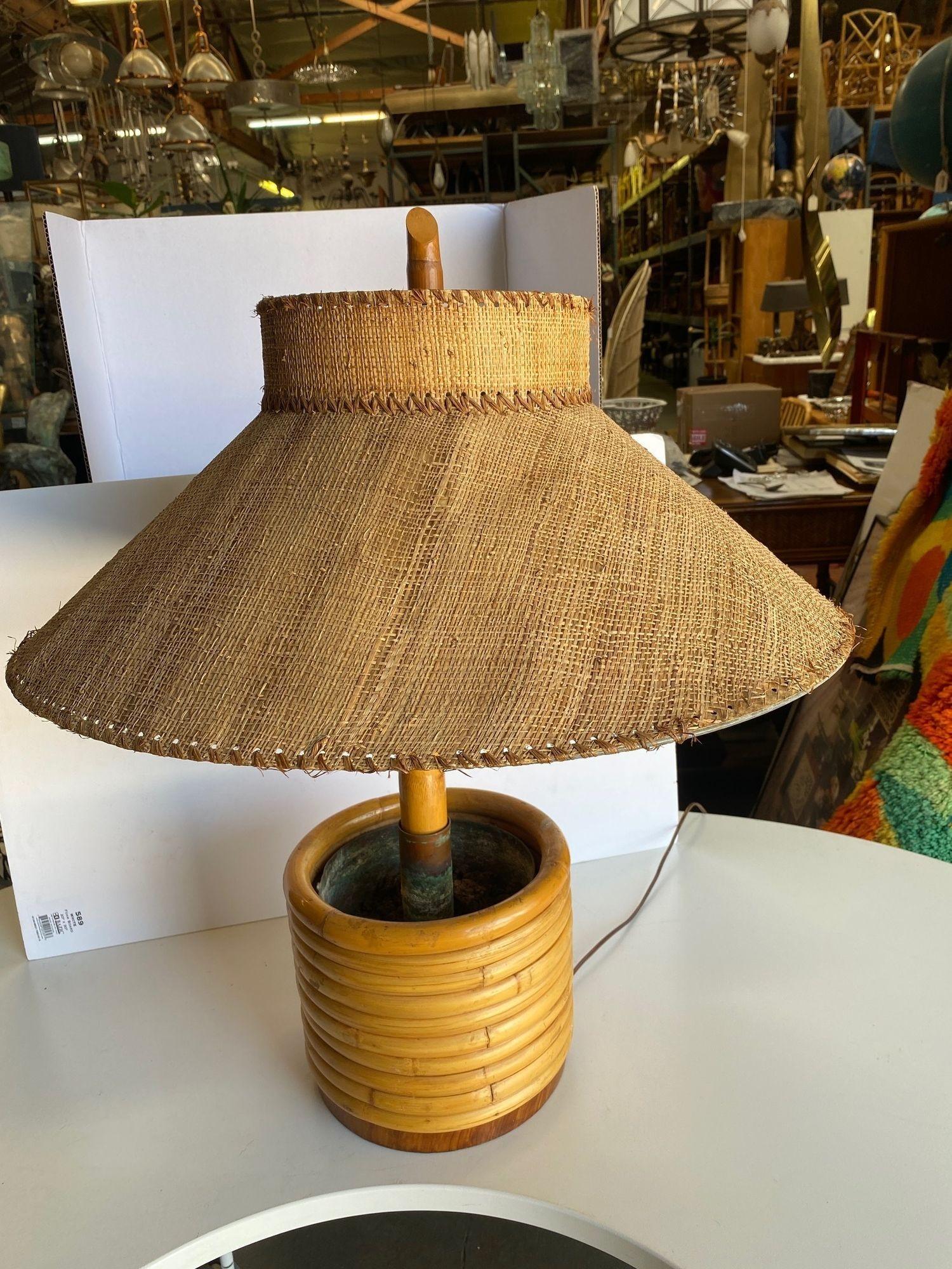 Pair of Restored Paul Frankl Rattan Table Lamp with Original Wicker Lamp Shades In Good Condition In Van Nuys, CA