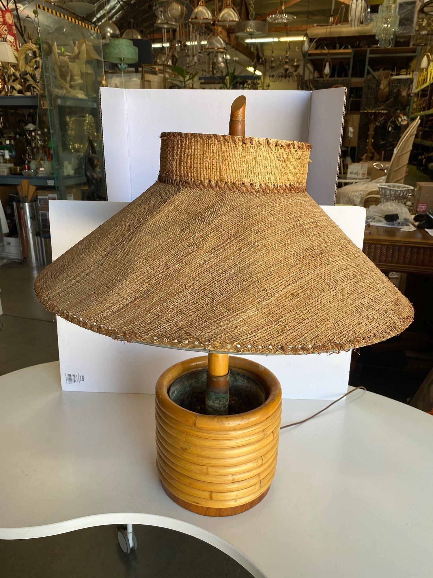 Mid-20th Century Pair of Restored Paul Frankl Rattan Table Lamp with Original Wicker Lamp Shades