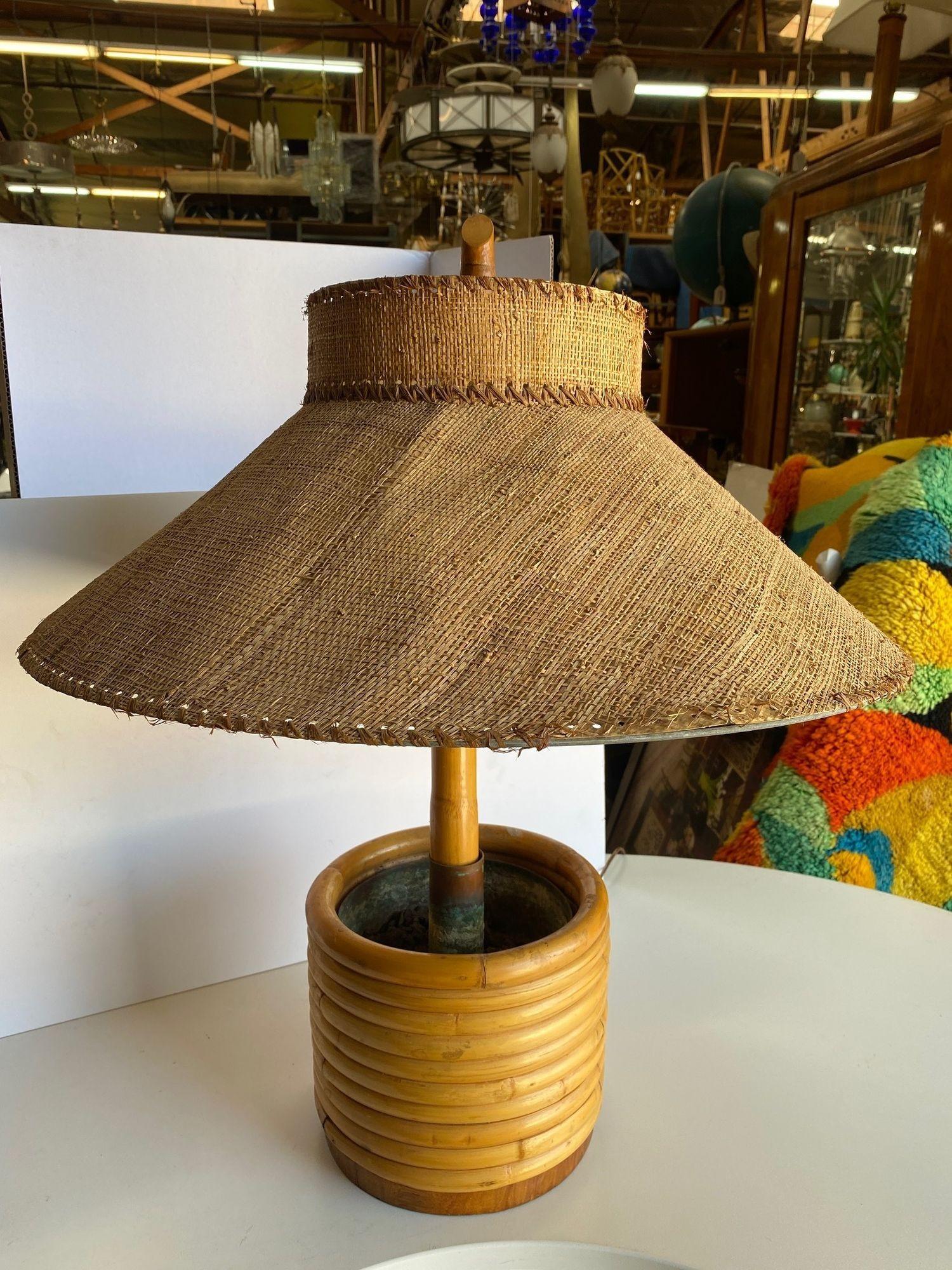 Pair of Restored Paul Frankl Rattan Table Lamp with Original Wicker Lamp Shades 2