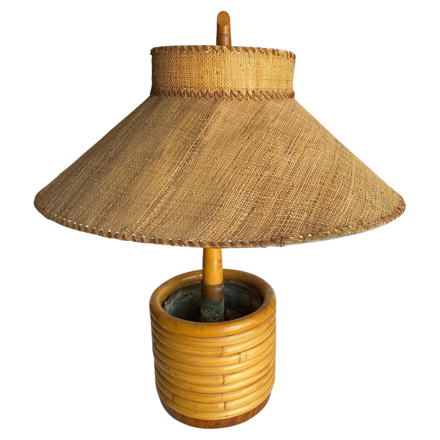 Pair of Restored Paul Frankl Rattan Table Lamp with Original Wicker