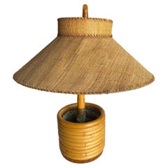Used Pair of Restored Paul Frankl Rattan Table Lamp with Original Wicker Lamp Shades