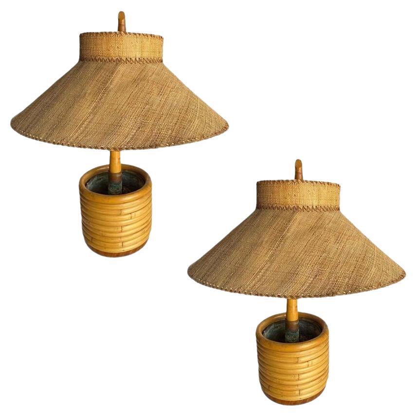 Pair of Restored Paul Frankl Rattan Table Lamp with Original Wicker Lamp Shades