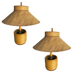 Pair of Restored Paul Frankl Rattan Table Lamp with Original Wicker Lamp Shades