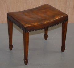Pair of Restored Regency Spade Foot Victorian Brown Leather Stools or Footstools