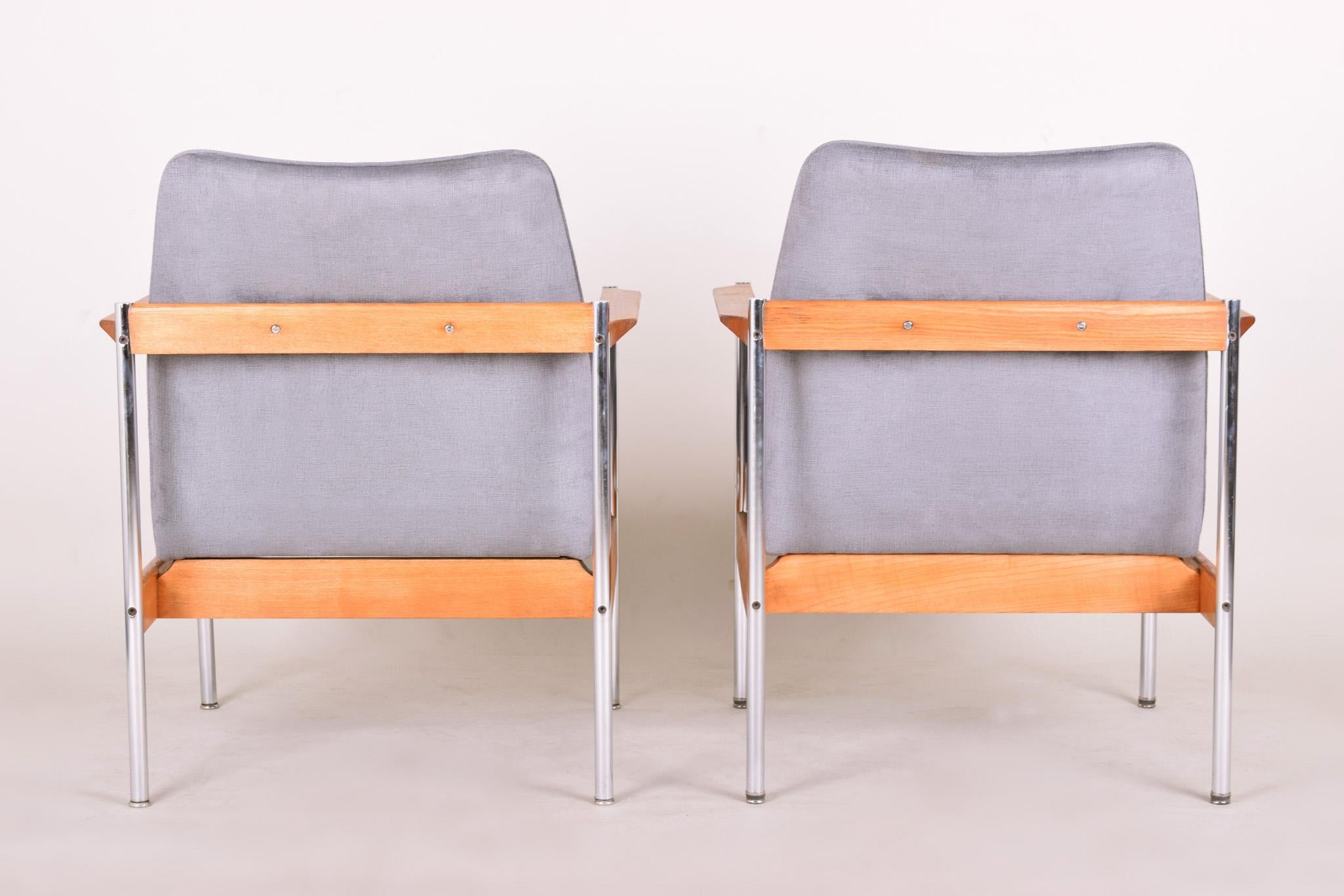 Fabric Pair of Restored Scandinavian Midcentury Armchairs, Oak For Sale