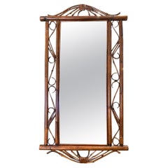 Pair of Restored Tiger Bamboo Wall Mirror W/ Wicker Wrappings