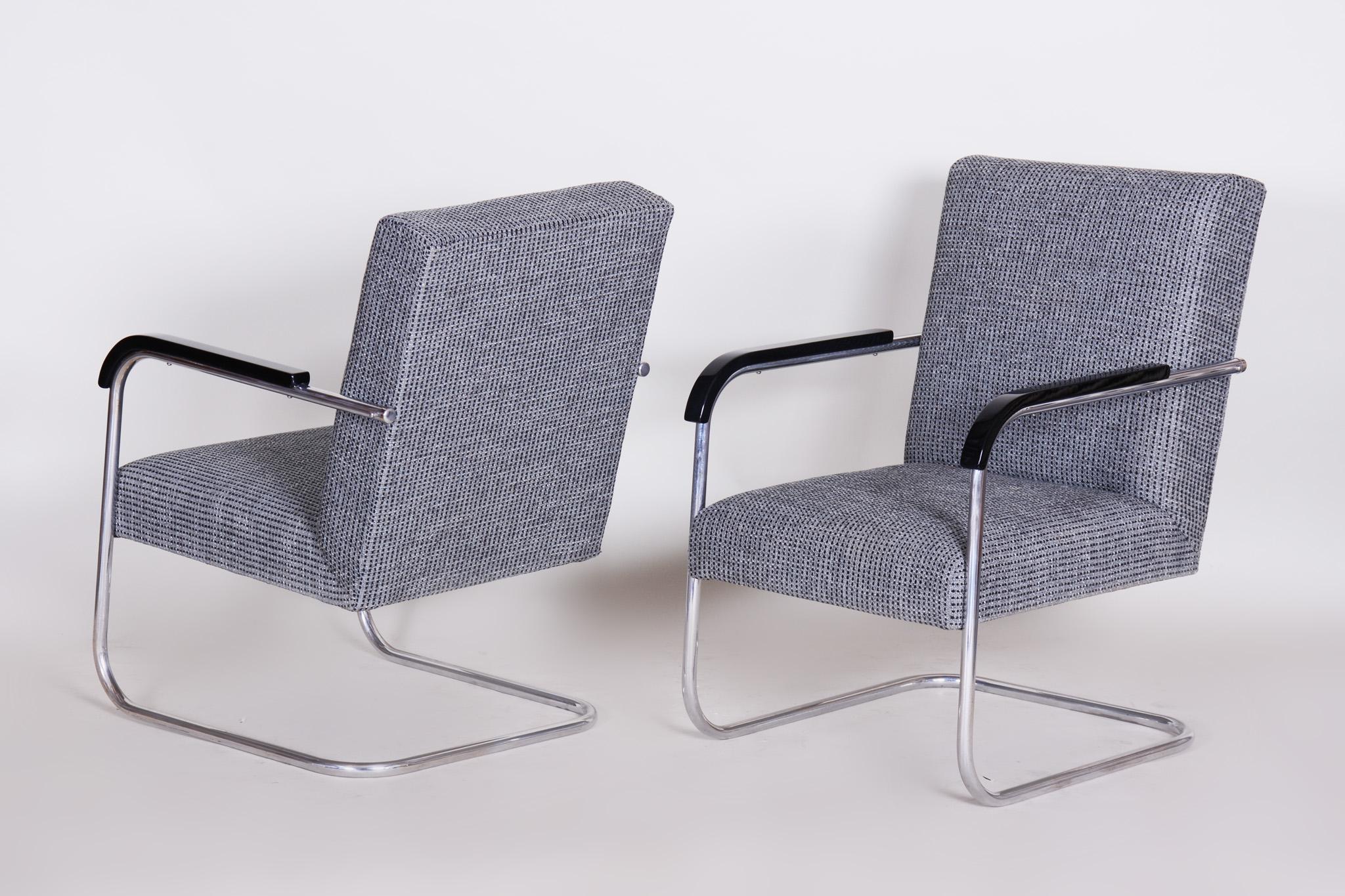 Pair of Restored Tubular Thonet Armchairs by Anton Lorenz, New Upholstery, 1930s For Sale 1