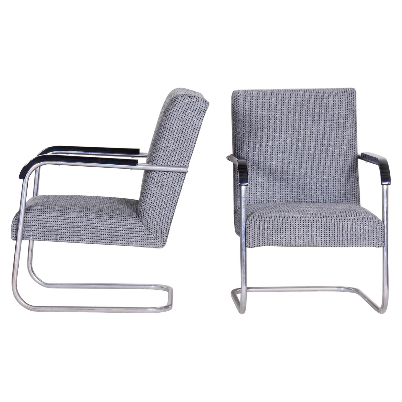 Pair of Restored Tubular Thonet Armchairs by Anton Lorenz, New Upholstery, 1930s For Sale