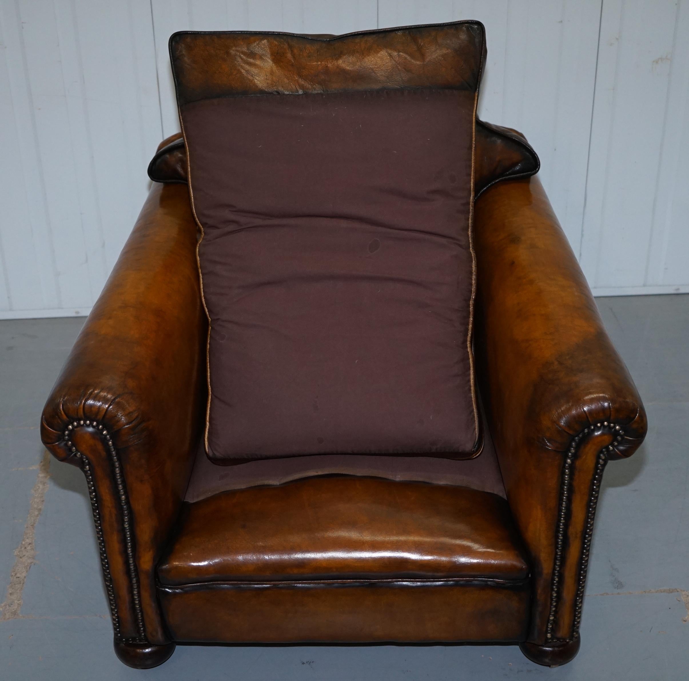 Pair of Restored Victorian Brown Leather Club Armchairs Feather Filled Cushions 8