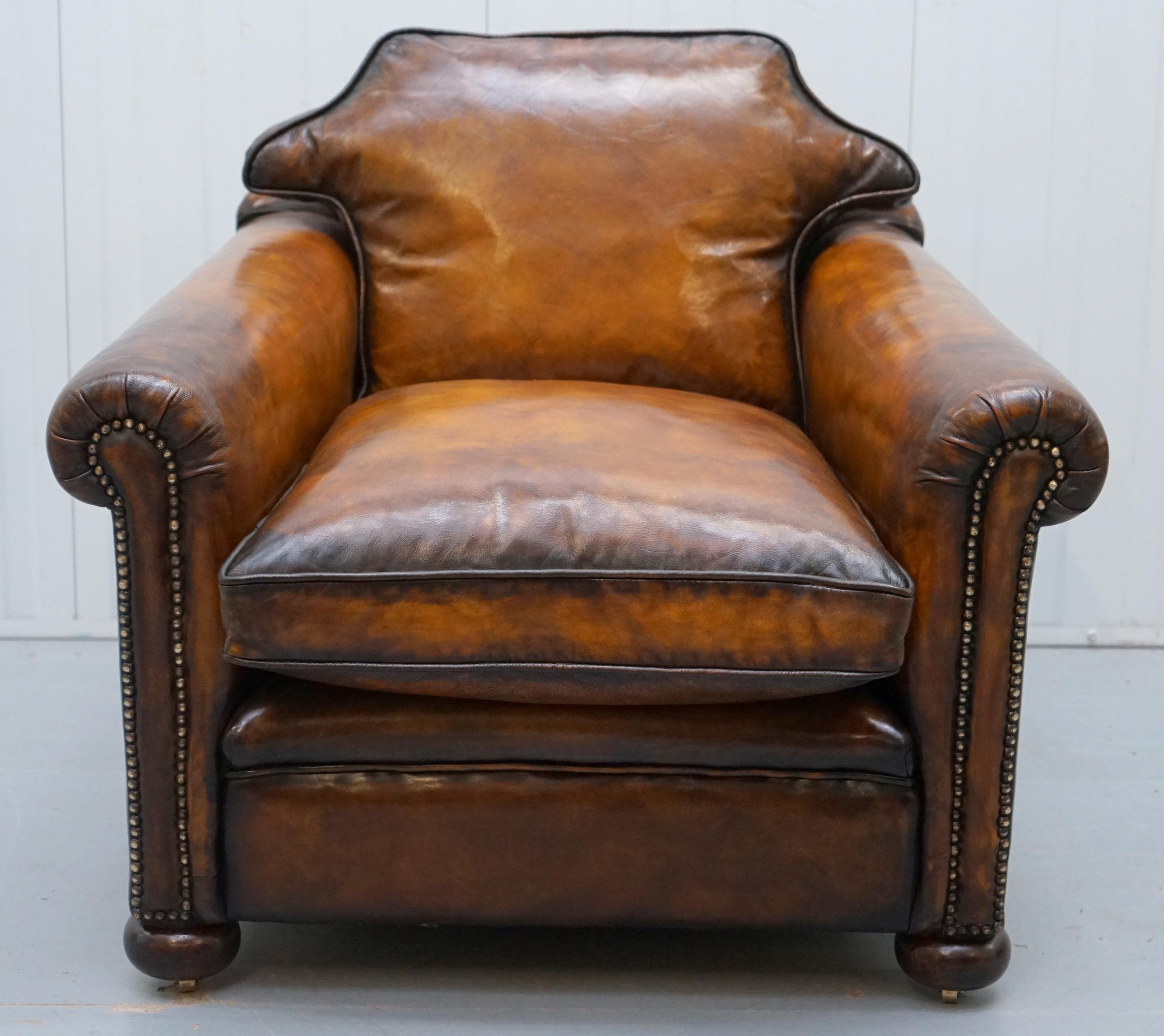 Pair of Restored Victorian Brown Leather Club Armchairs Feather Filled Cushions 12