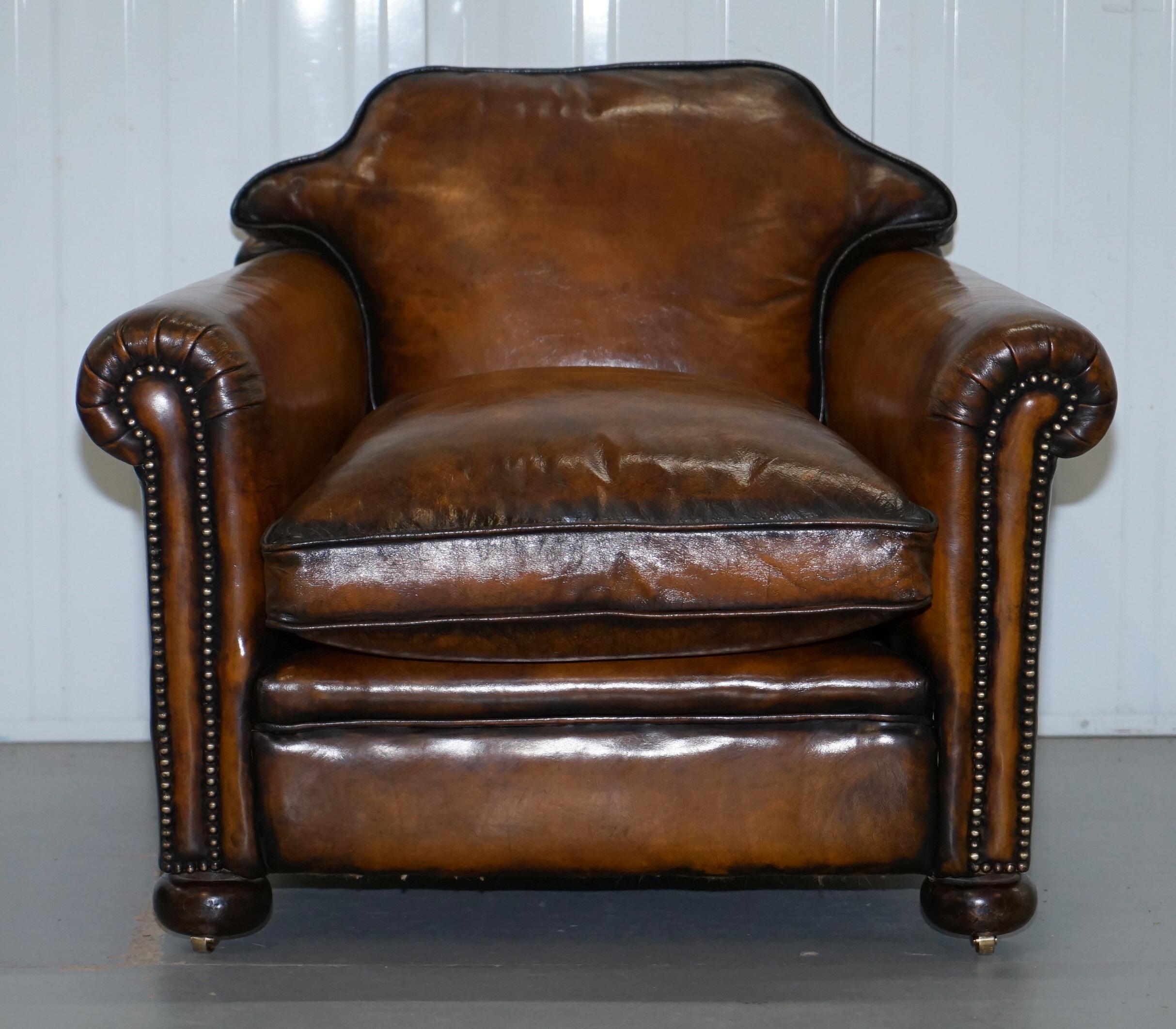 English Pair of Restored Victorian Brown Leather Club Armchairs Feather Filled Cushions