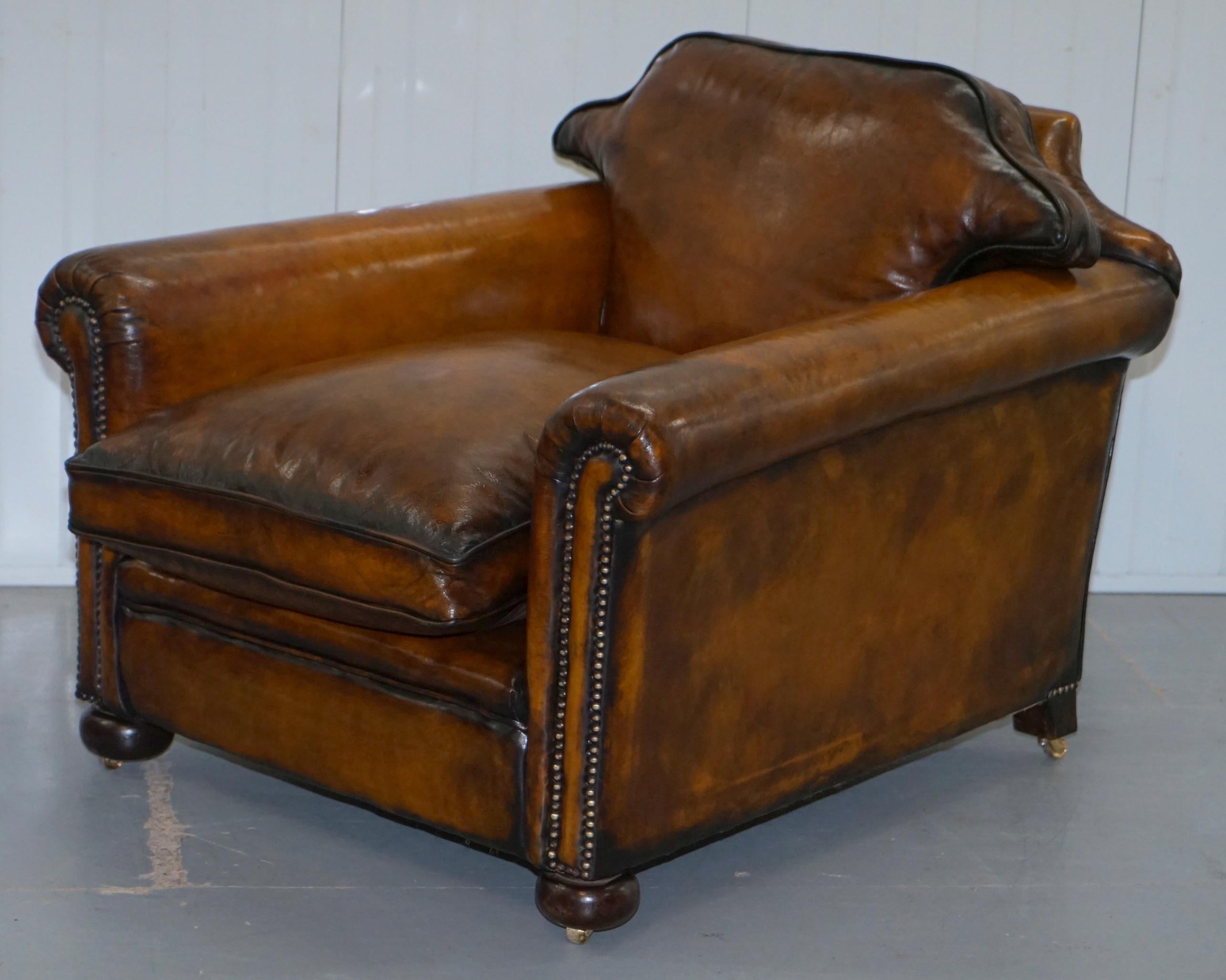 Hand-Crafted Pair of Restored Victorian Brown Leather Club Armchairs Feather Filled Cushions