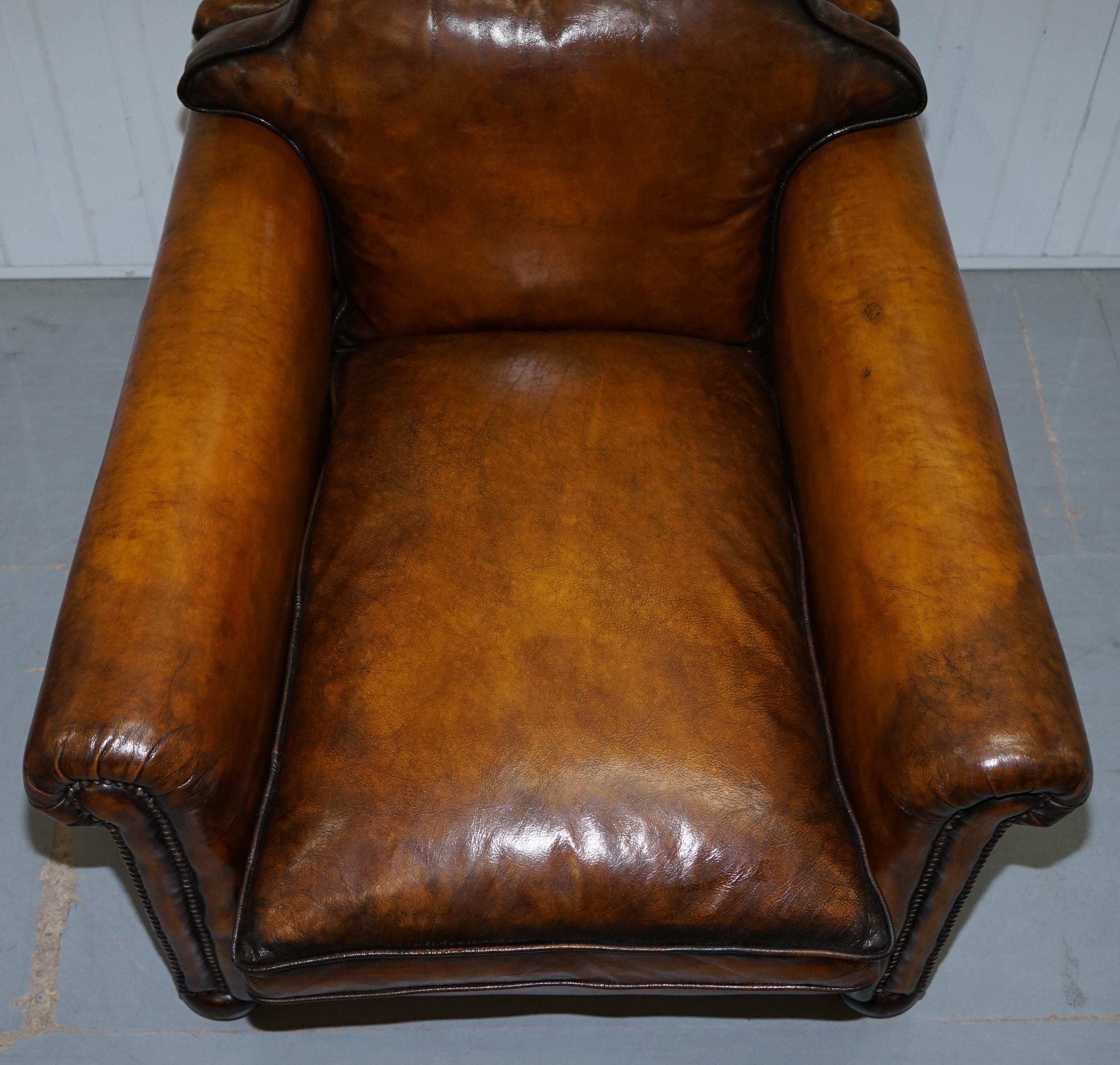 19th Century Pair of Restored Victorian Brown Leather Club Armchairs Feather Filled Cushions