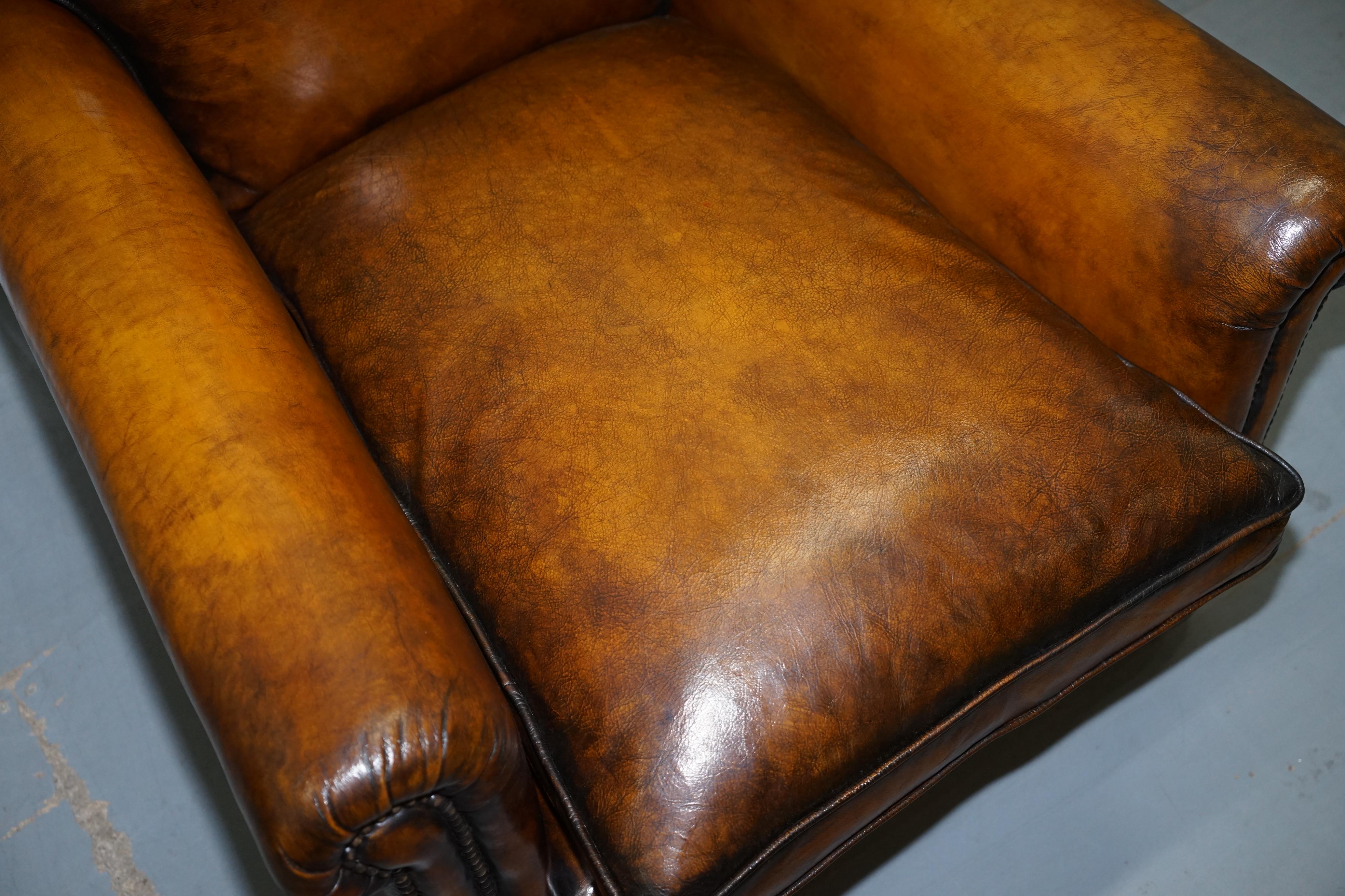 Pair of Restored Victorian Brown Leather Club Armchairs Feather Filled Cushions 1