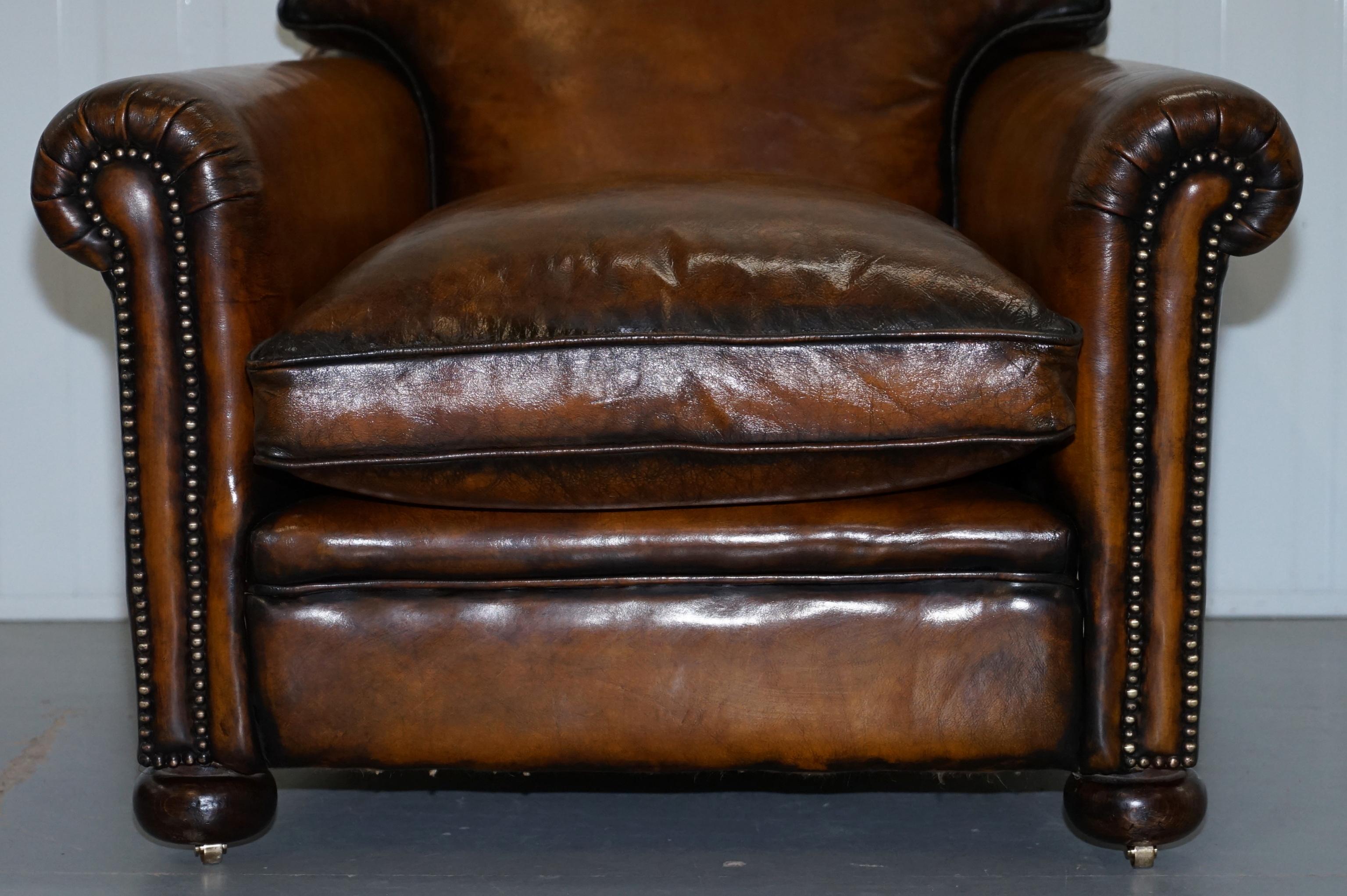 Pair of Restored Victorian Brown Leather Club Armchairs Feather Filled Cushions 3