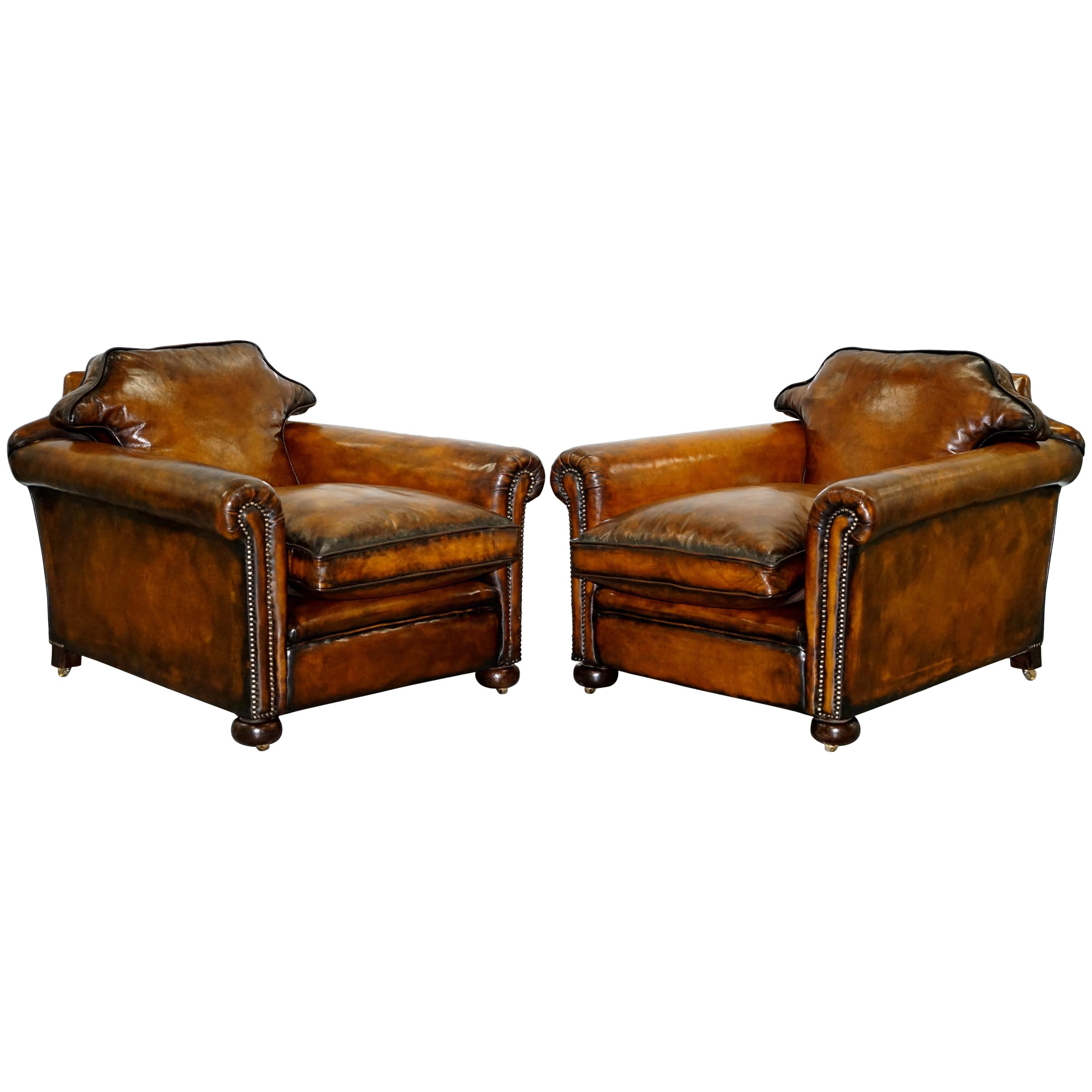 Pair of Restored Victorian Brown Leather Club Armchairs Feather Filled Cushions