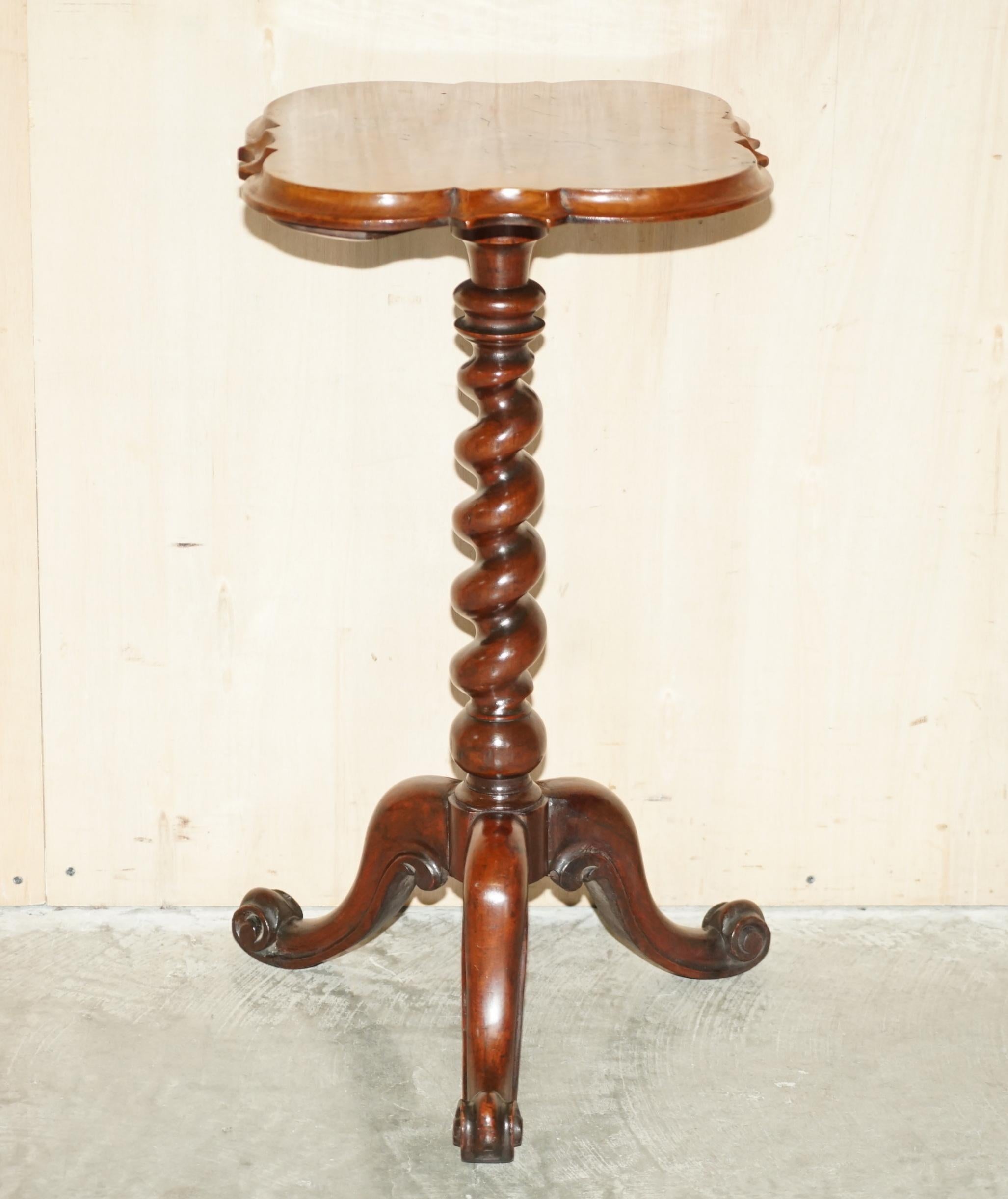 We are delighted to offer for sale this sublime pair of fully restored Victorian circa 1860 Burr Walnut tripod tables with ornately turned barley twist column bases 

A glorious pair of table with exquisite burr walnut tops, these tops sit diamond