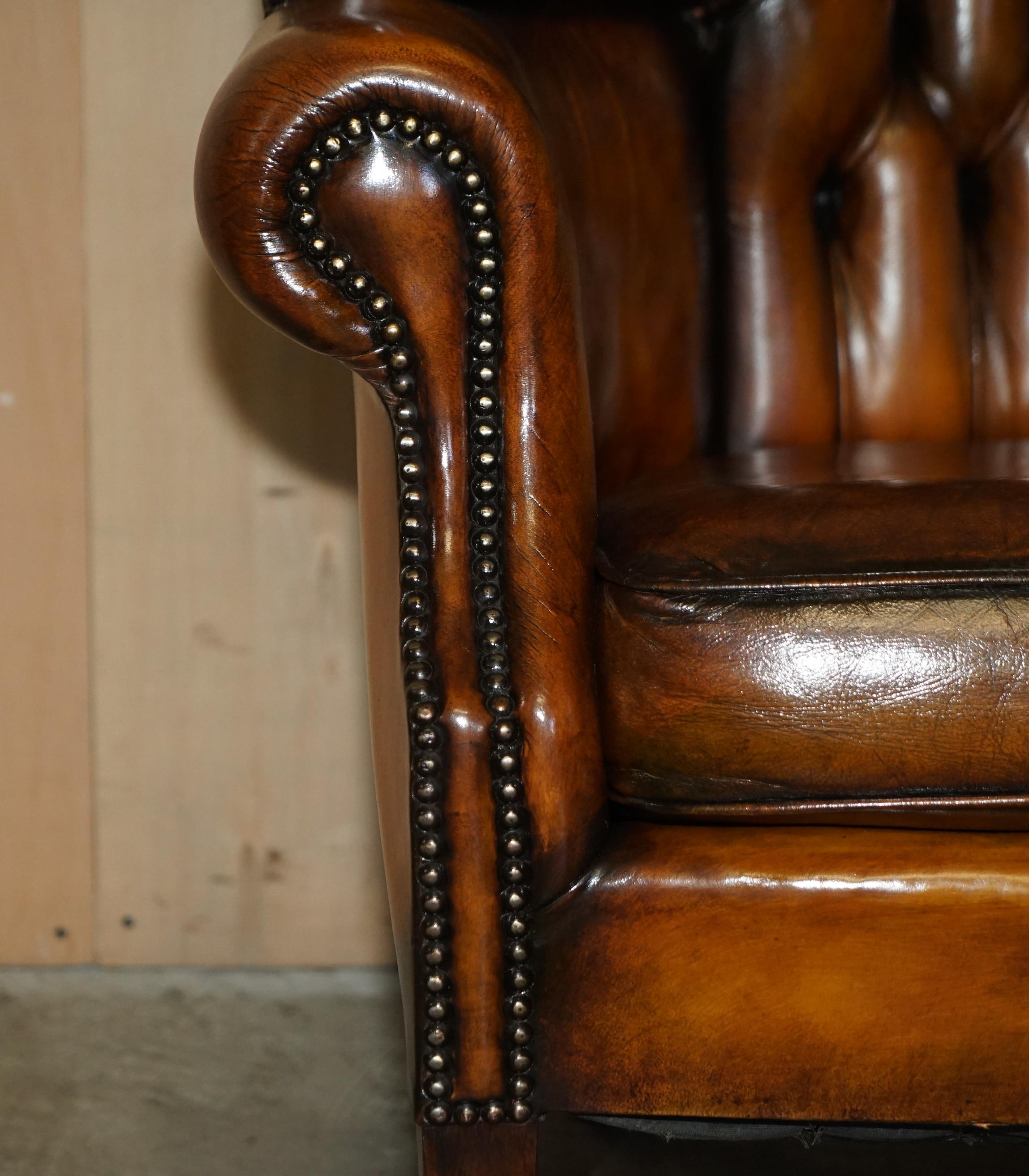 Pair of Restored Victorian Chesterfield Porters Wingback Armchairs Brown Leather 4