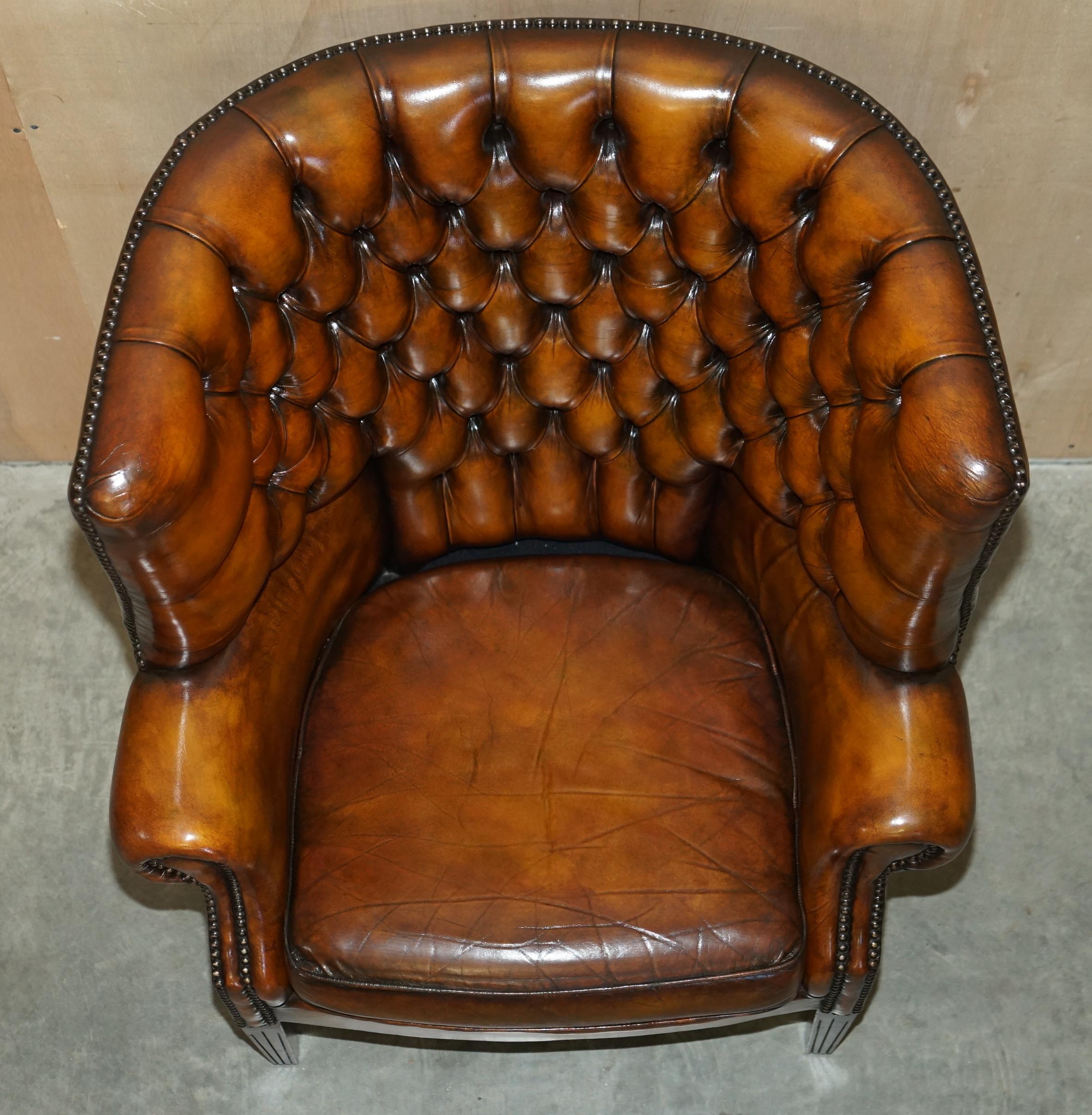 Pair of Restored Victorian Chesterfield Porters Wingback Armchairs Brown Leather 6