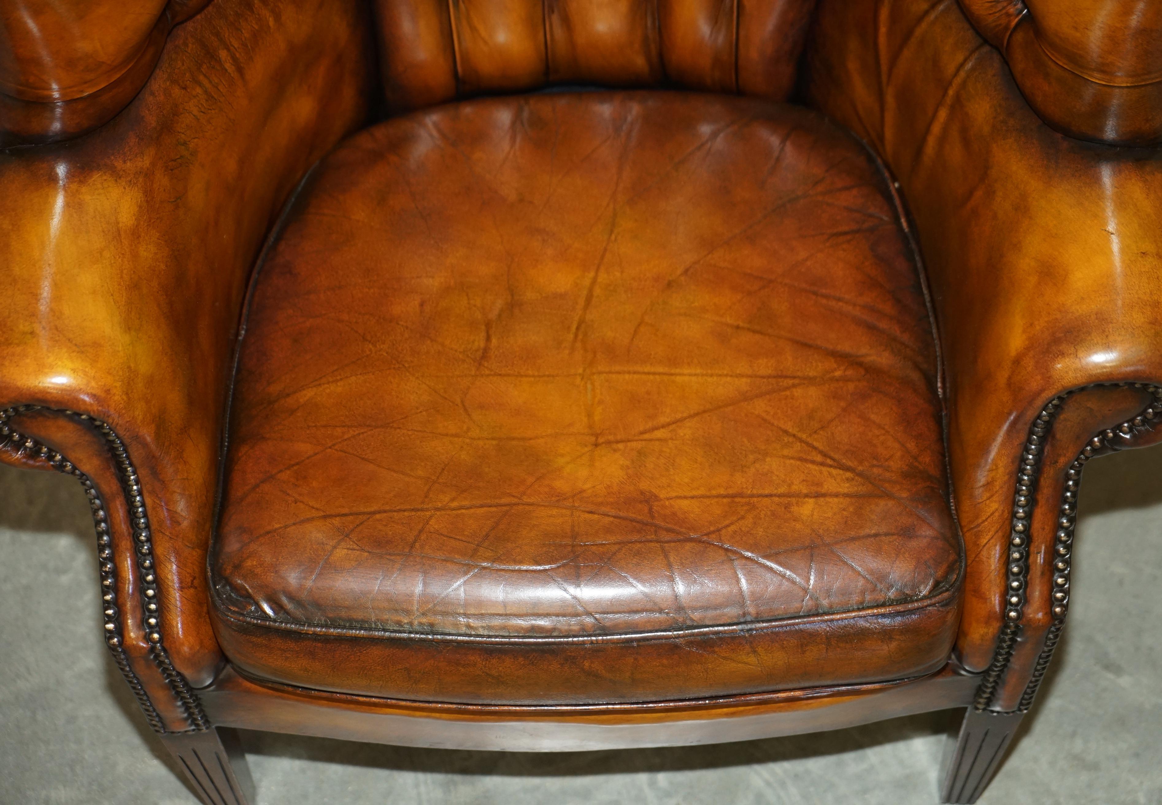 Pair of Restored Victorian Chesterfield Porters Wingback Armchairs Brown Leather 7