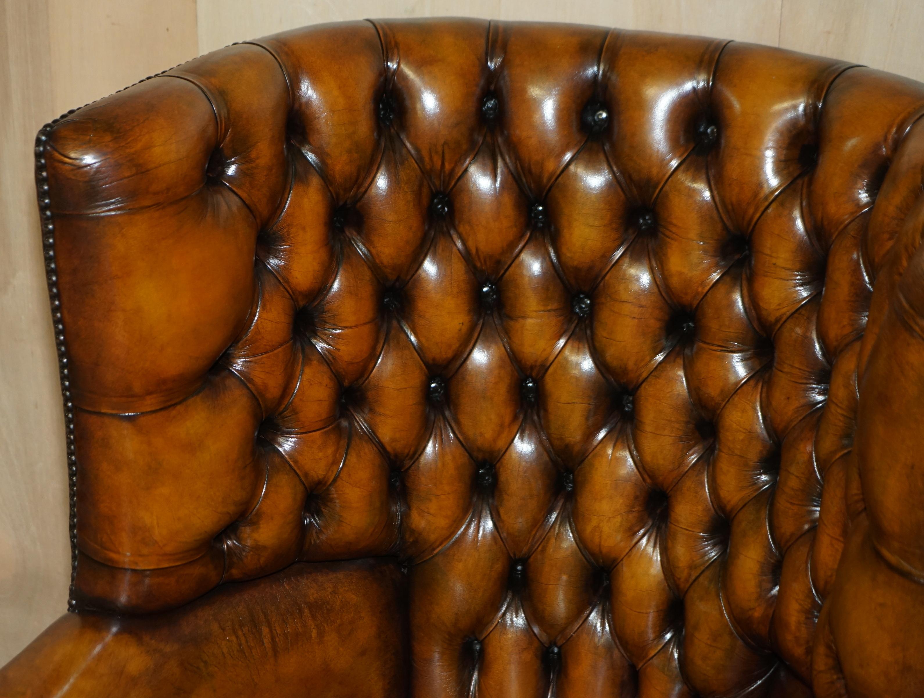 Pair of Restored Victorian Chesterfield Porters Wingback Armchairs Brown Leather 8