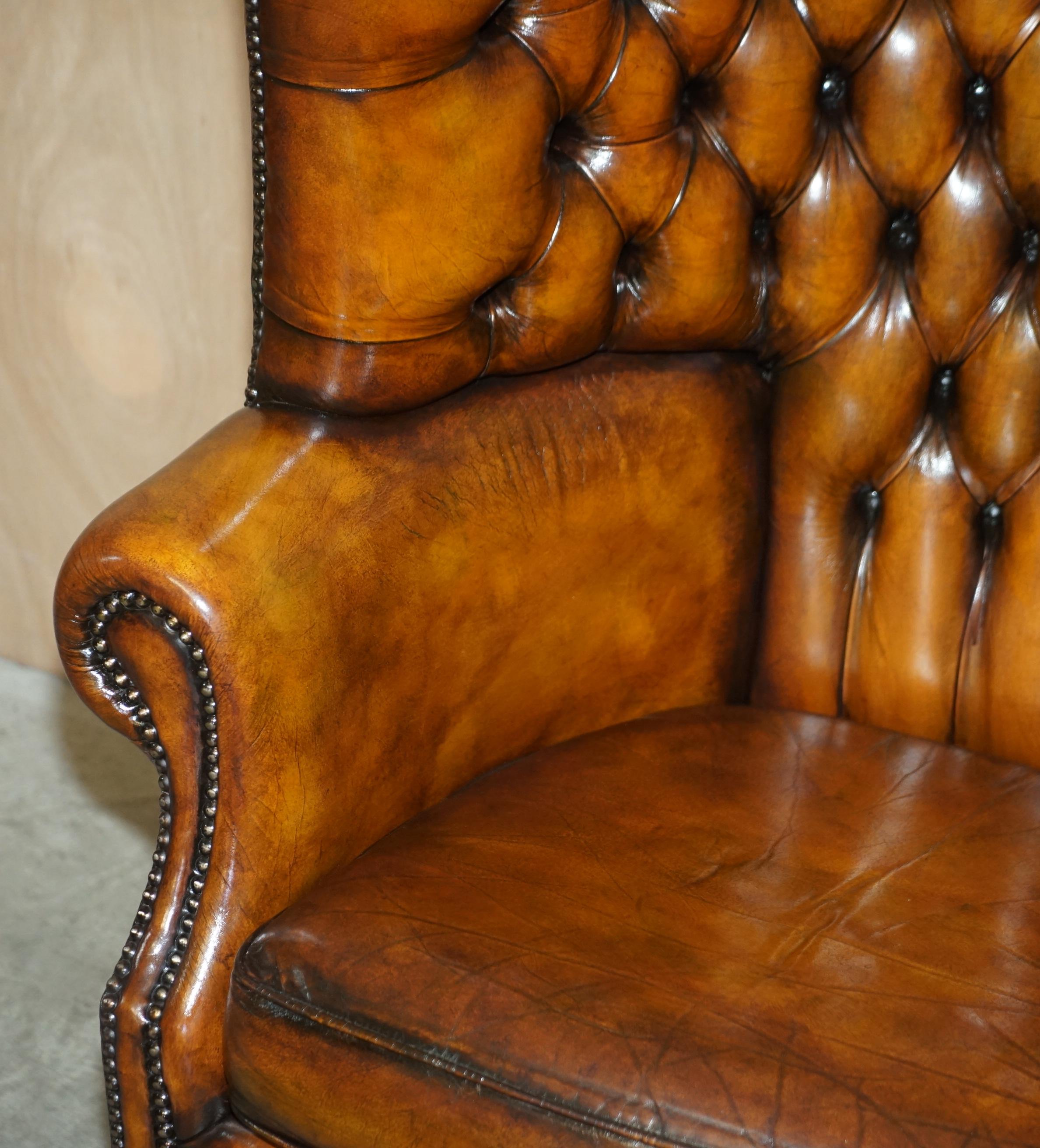Pair of Restored Victorian Chesterfield Porters Wingback Armchairs Brown Leather 9