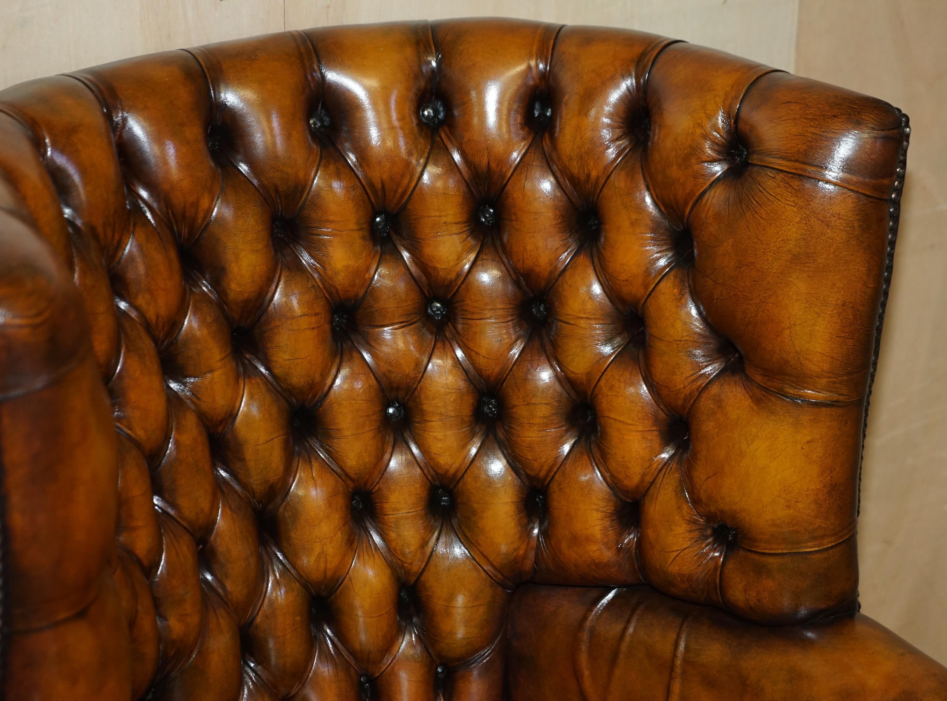 Pair of Restored Victorian Chesterfield Porters Wingback Armchairs Brown Leather 10