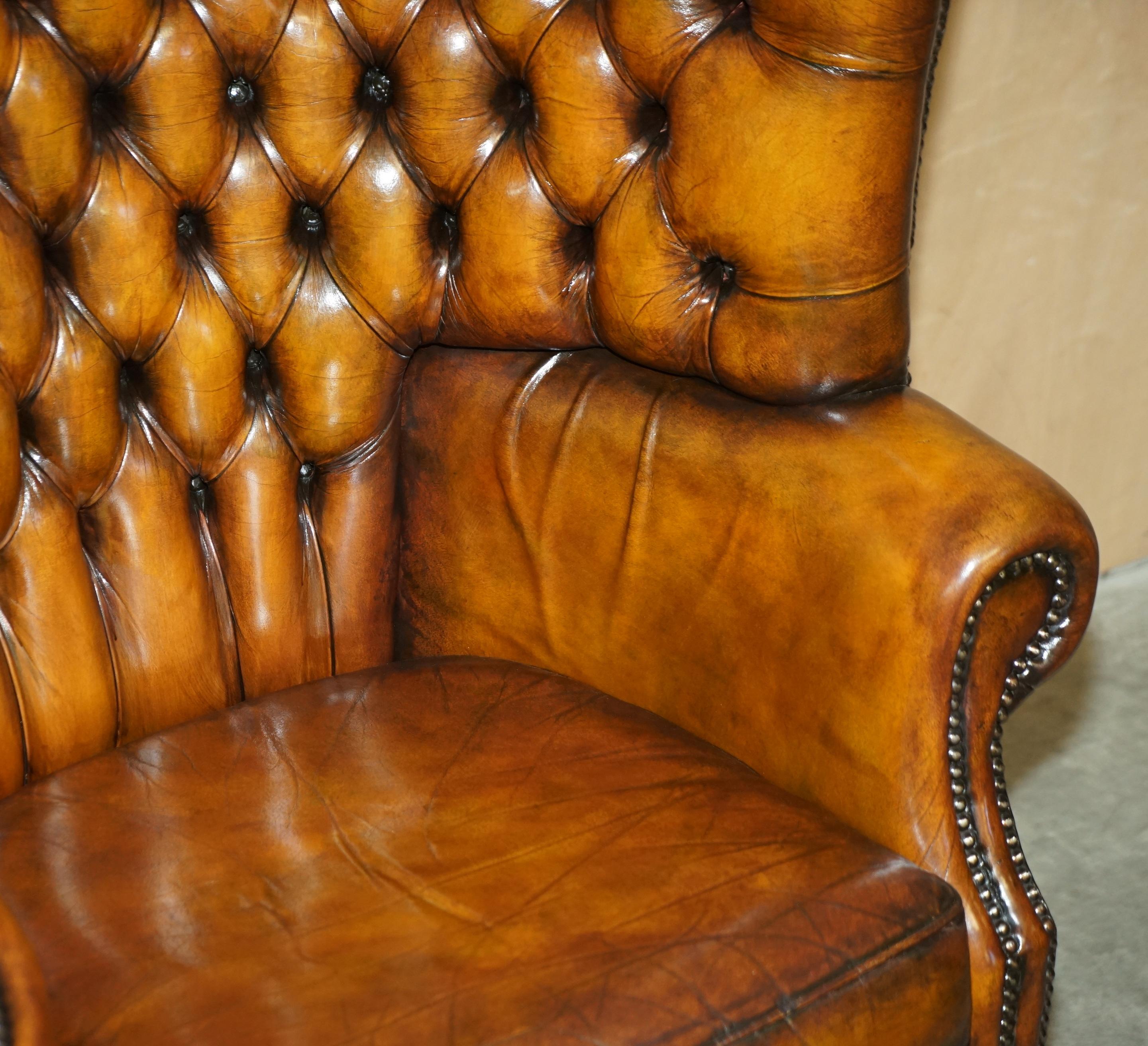 Pair of Restored Victorian Chesterfield Porters Wingback Armchairs Brown Leather 11