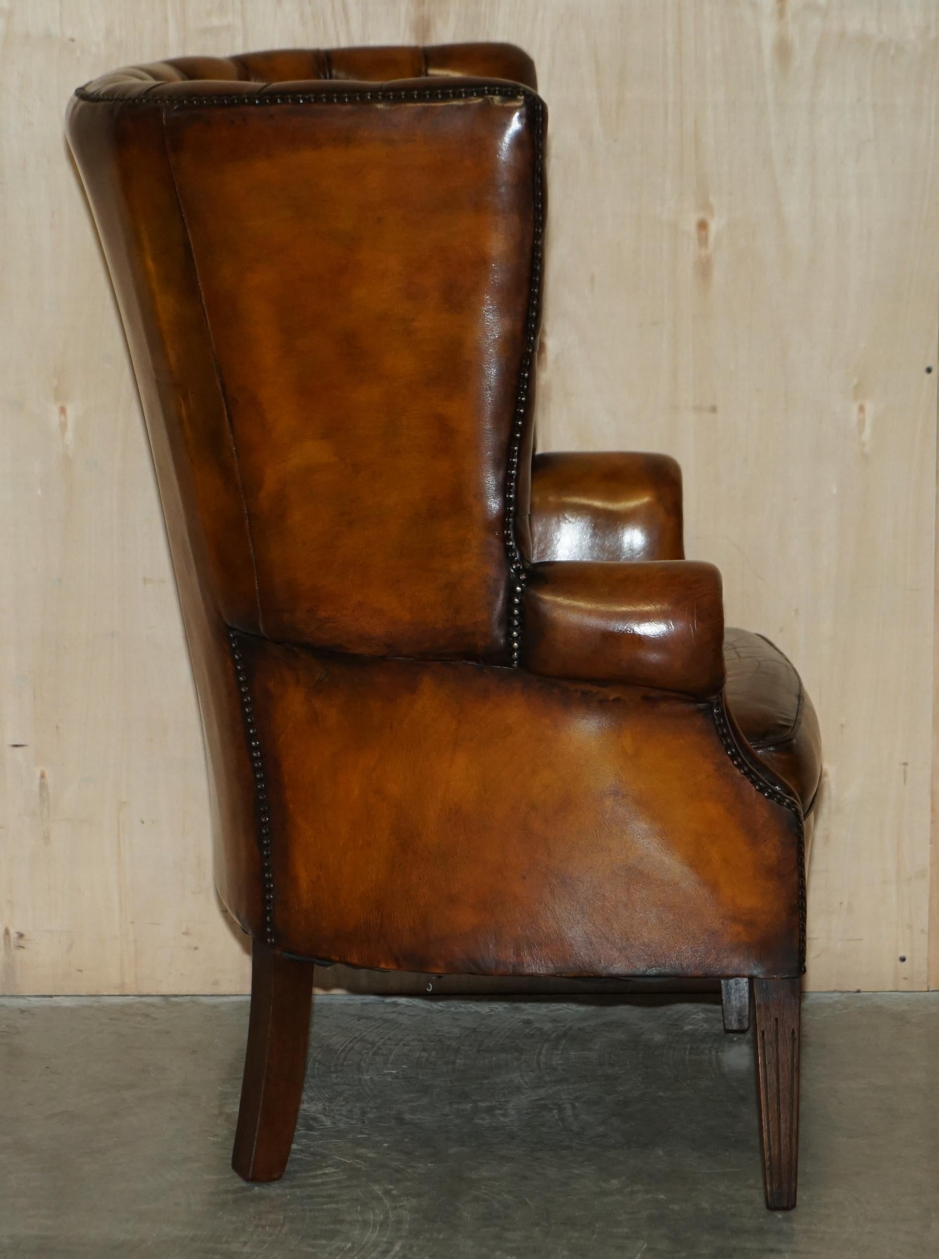 Pair of Restored Victorian Chesterfield Porters Wingback Armchairs Brown Leather 12