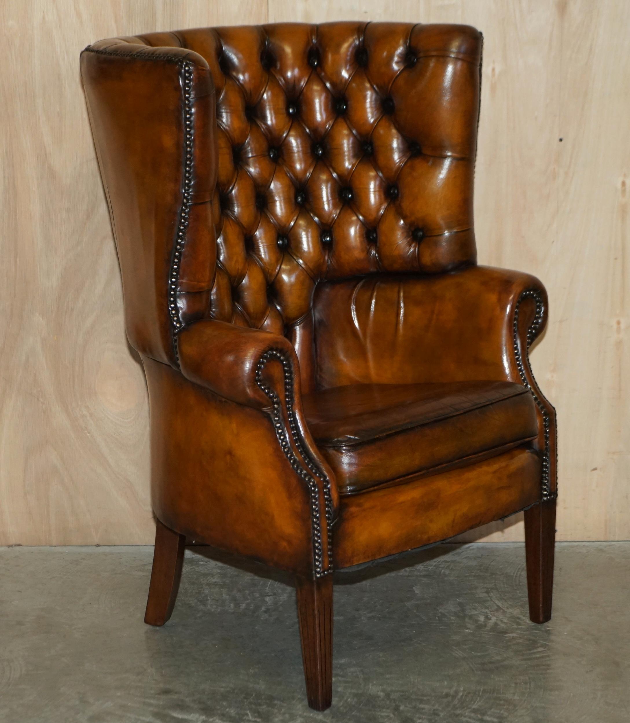 We are delighted to offer for sale this pair of stunning late Victorian Porters barrel back armchairs in whisky brown leather.

These chairs are a real tour de force, they have absolutely everything going for them, the leather hide is original and