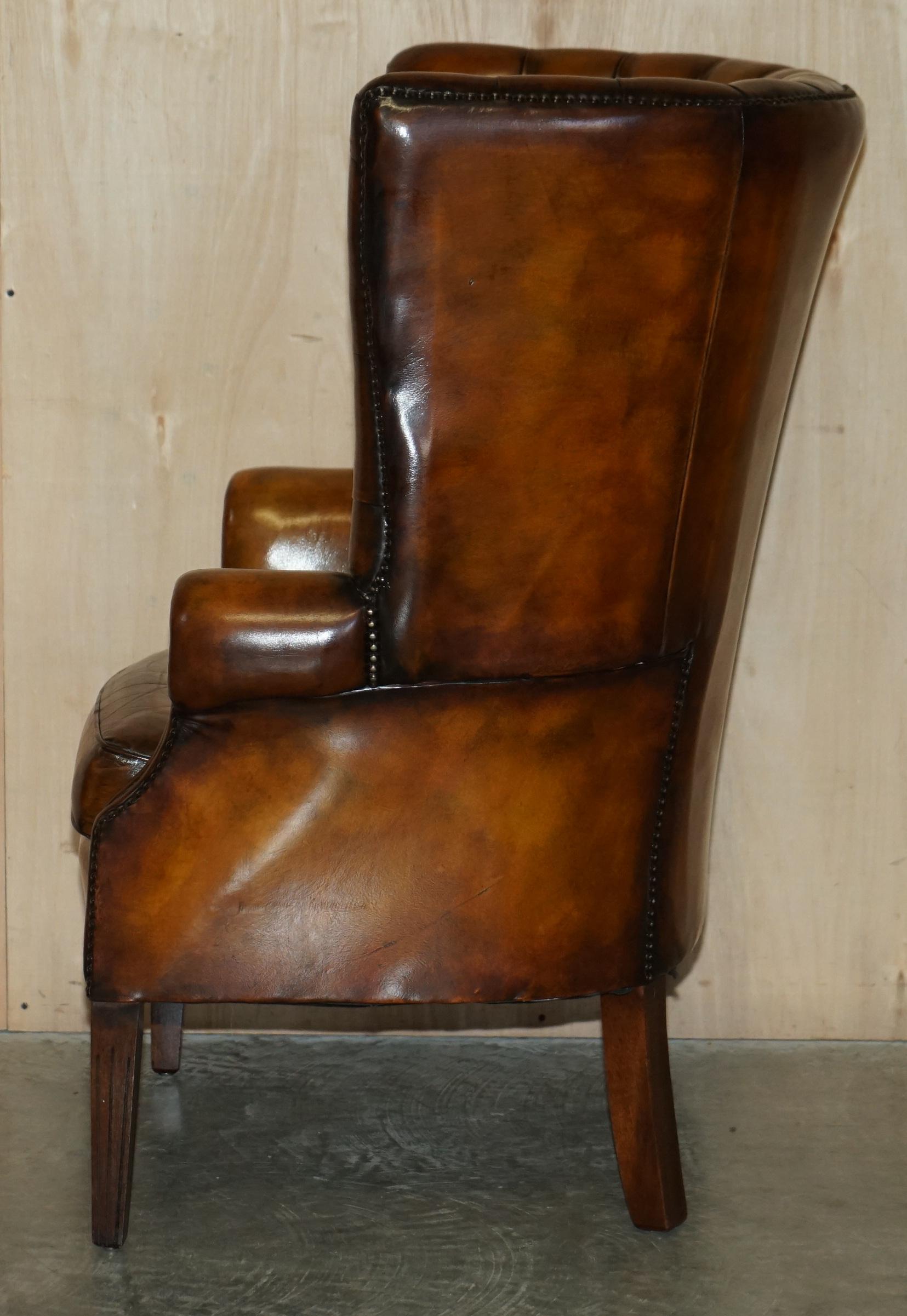 Pair of Restored Victorian Chesterfield Porters Wingback Armchairs Brown Leather 14