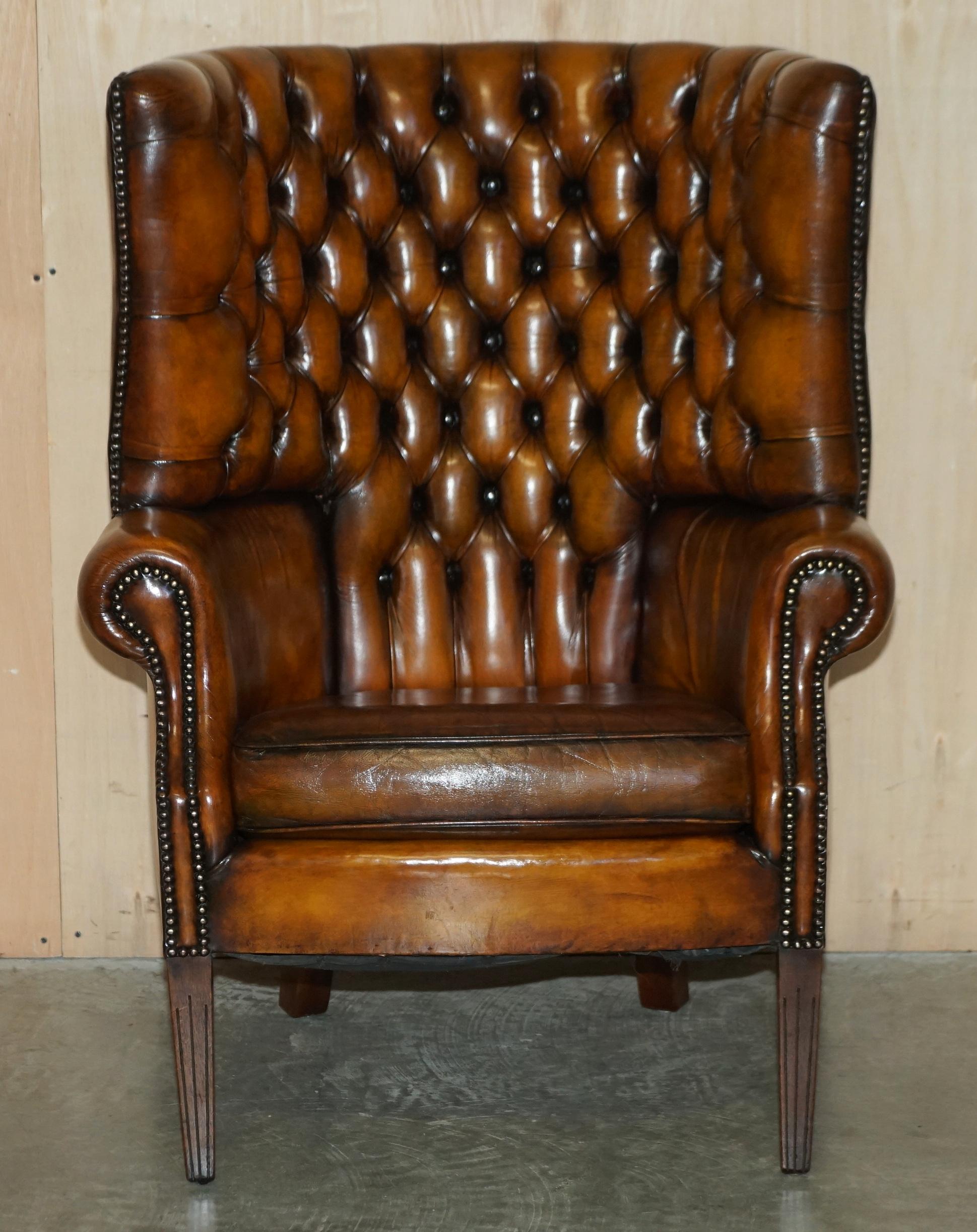 Late Victorian Pair of Restored Victorian Chesterfield Porters Wingback Armchairs Brown Leather