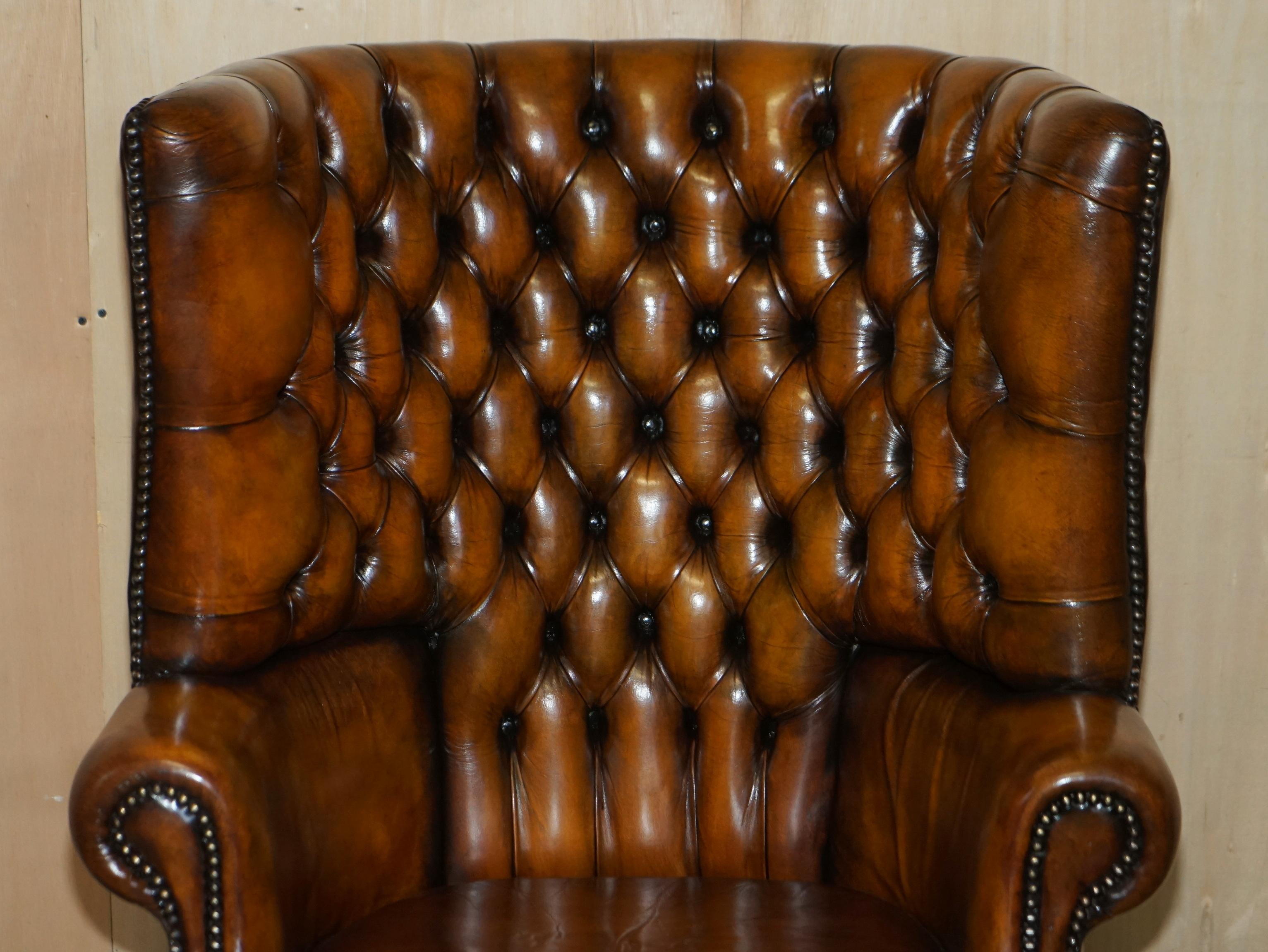 English Pair of Restored Victorian Chesterfield Porters Wingback Armchairs Brown Leather