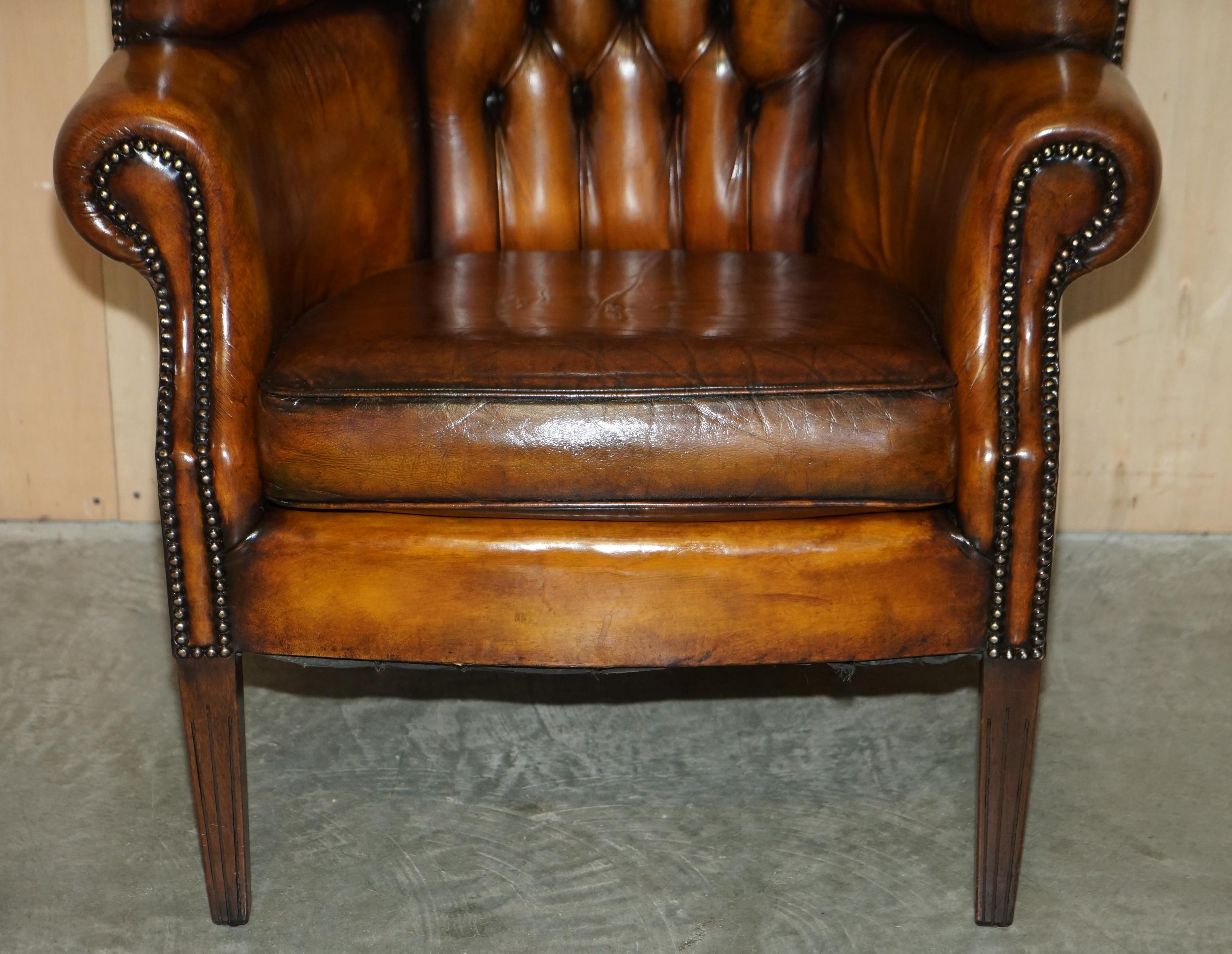 Hand-Crafted Pair of Restored Victorian Chesterfield Porters Wingback Armchairs Brown Leather