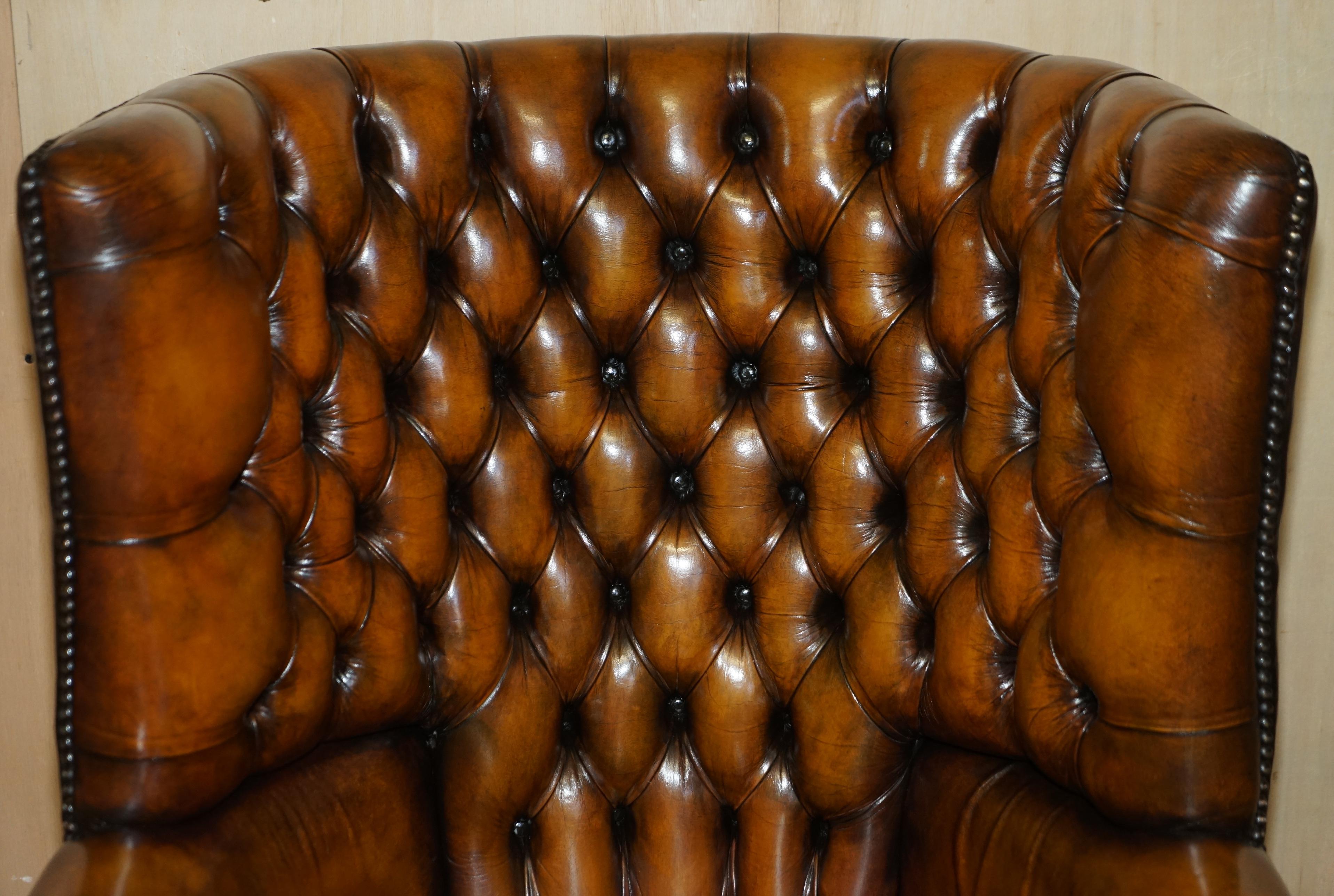 19th Century Pair of Restored Victorian Chesterfield Porters Wingback Armchairs Brown Leather