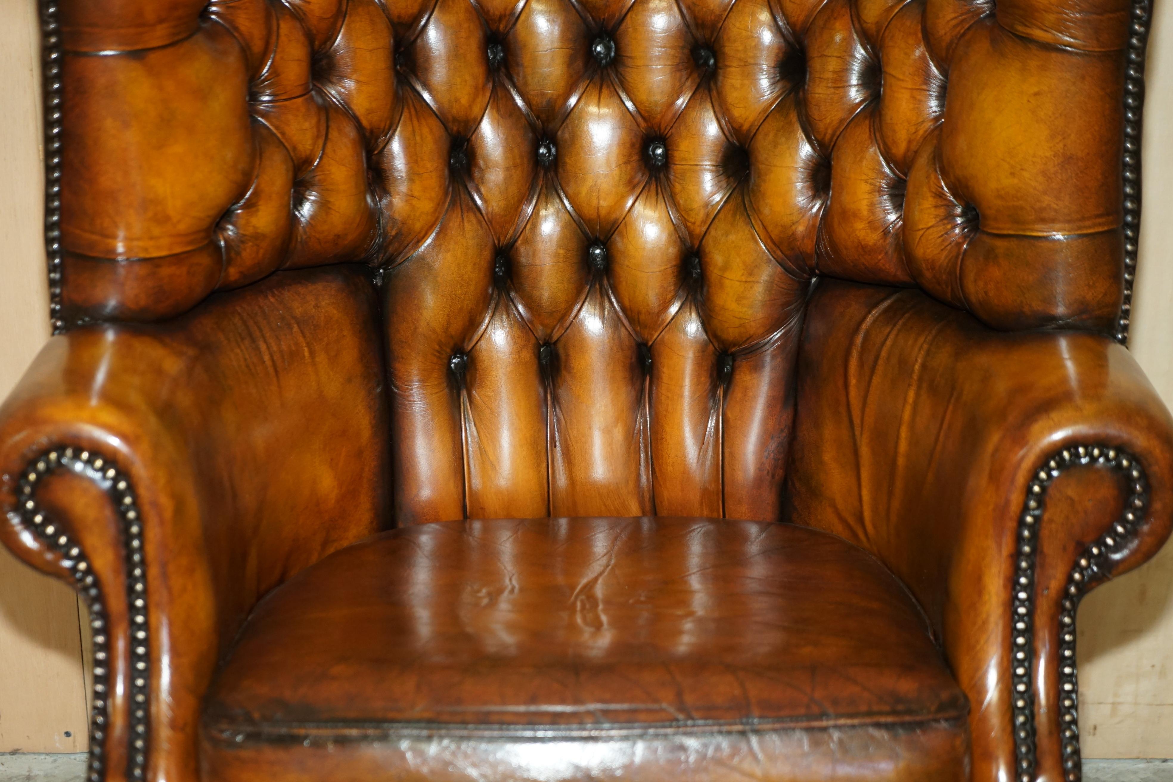 Pair of Restored Victorian Chesterfield Porters Wingback Armchairs Brown Leather 1
