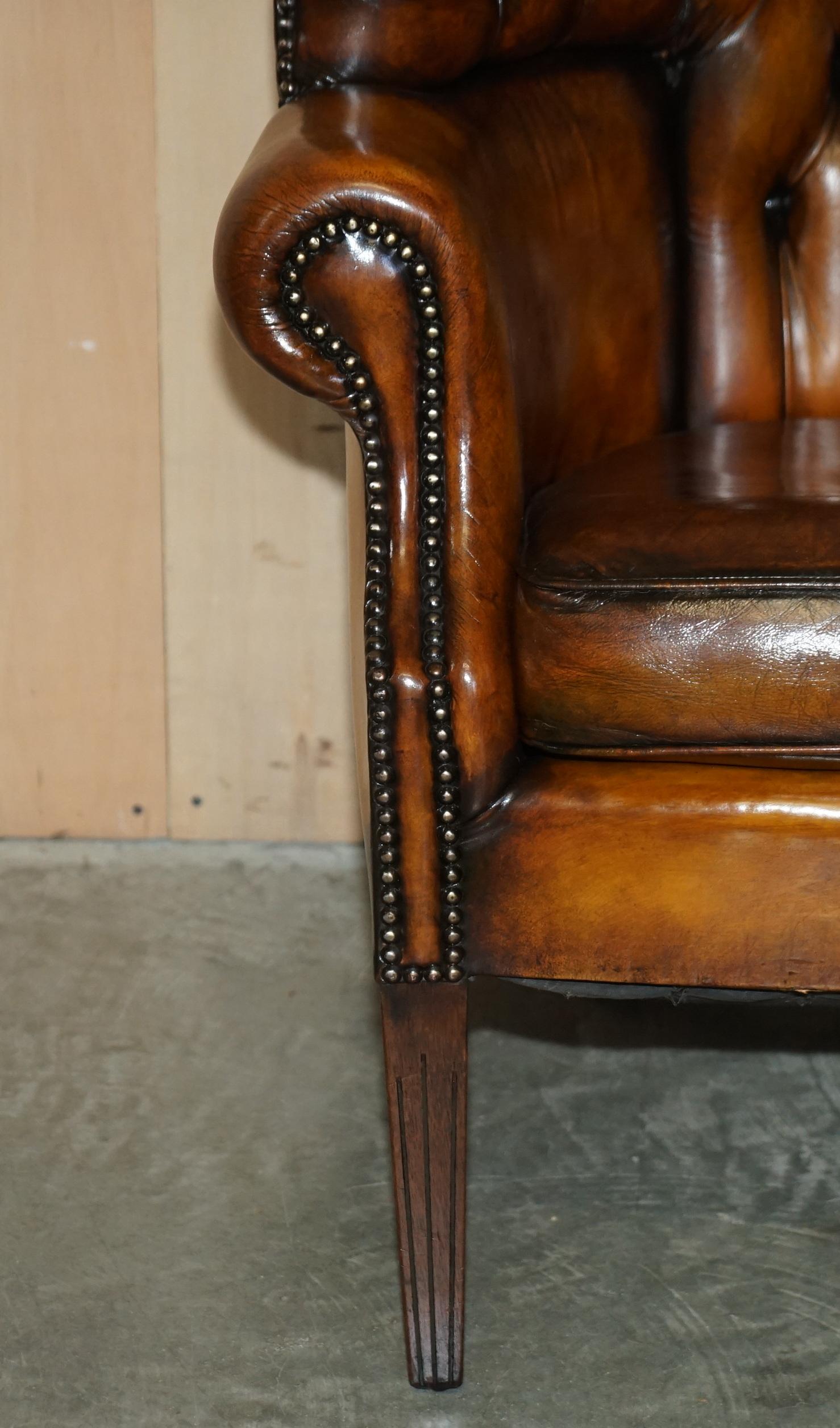 Pair of Restored Victorian Chesterfield Porters Wingback Armchairs Brown Leather 2