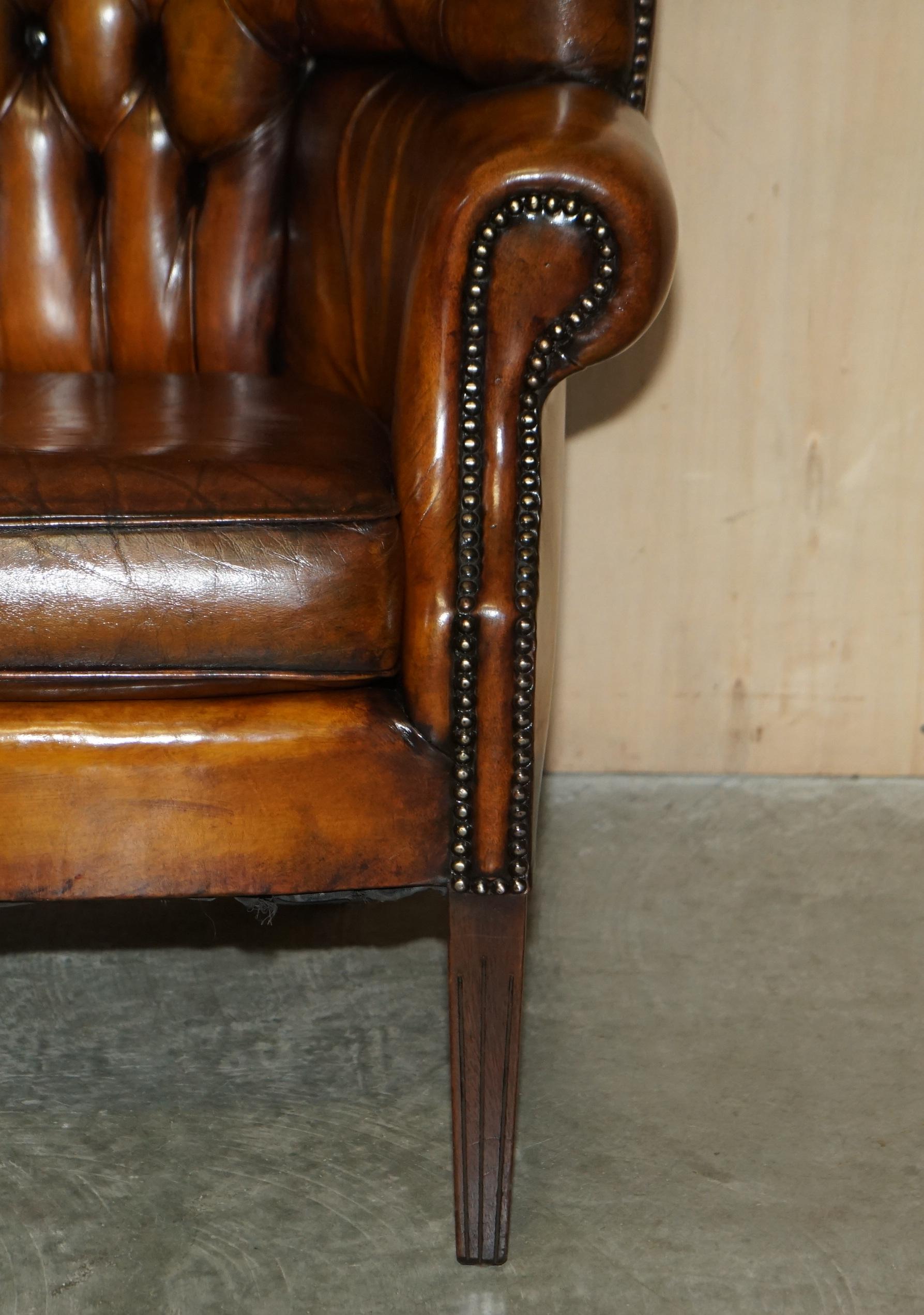 Pair of Restored Victorian Chesterfield Porters Wingback Armchairs Brown Leather 3