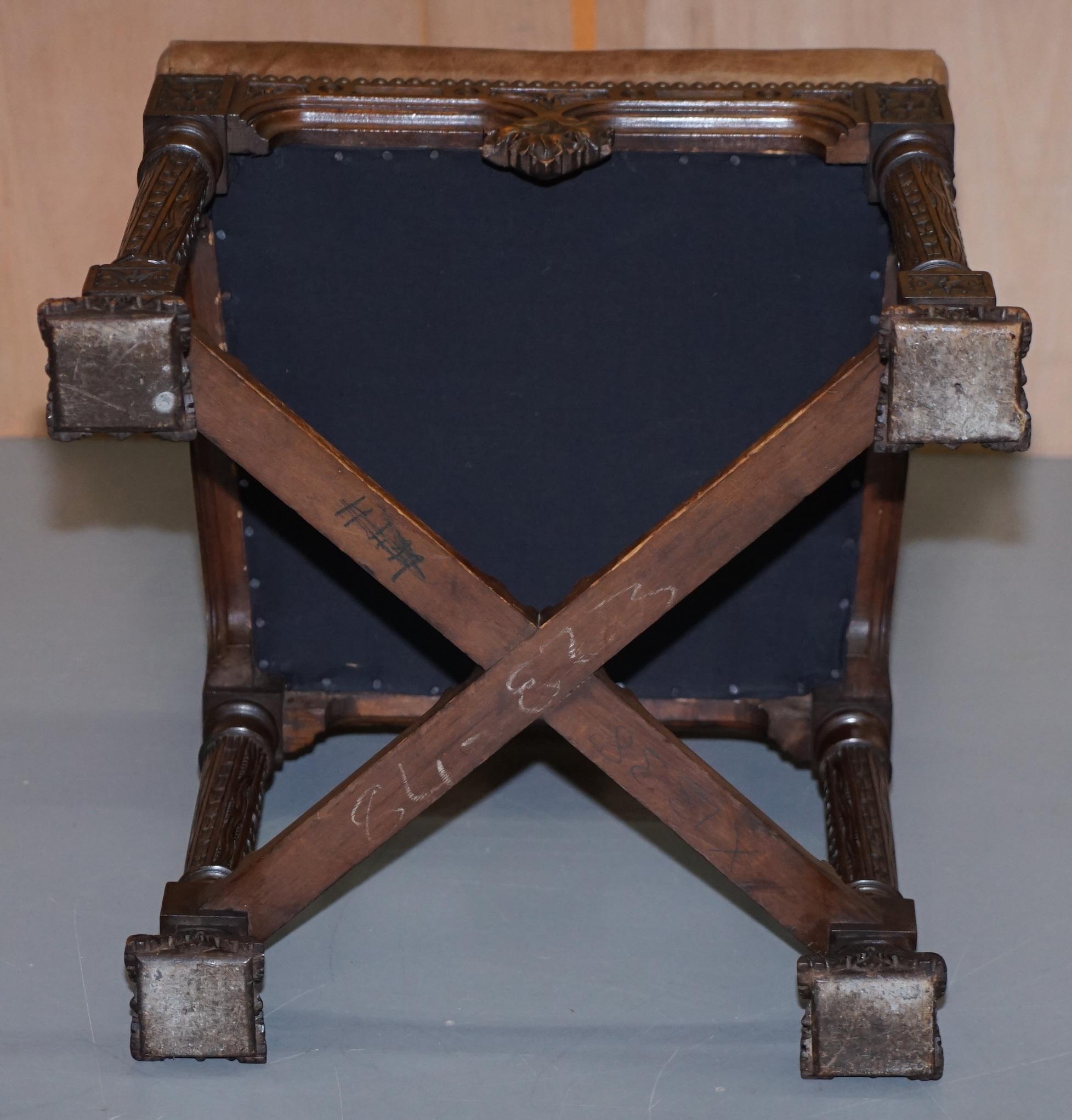 Pair of Restored Victorian French Brown Leather Hand Carved Armchairs Gothic 7