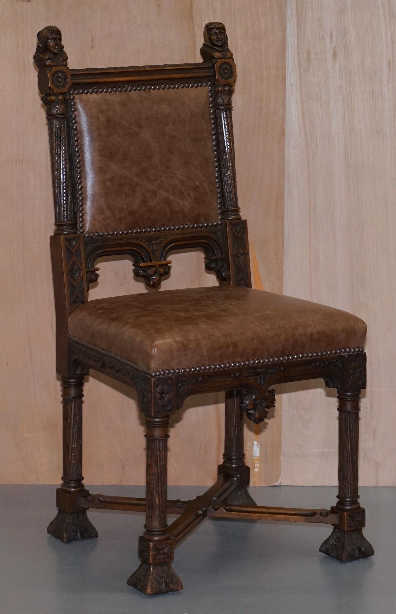 Pair of Restored Victorian French Brown Leather Hand Carved Armchairs Gothic 8