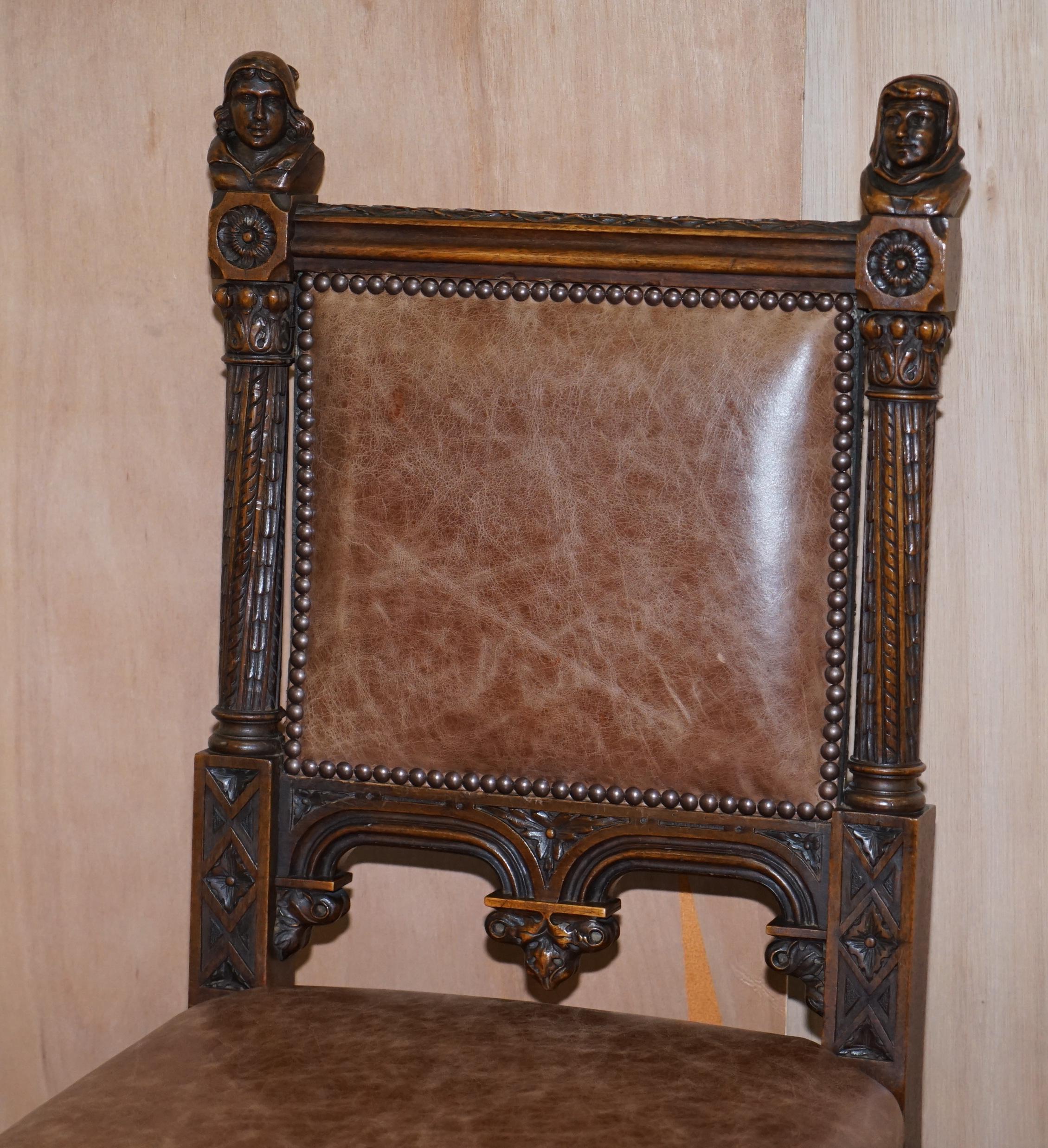 Pair of Restored Victorian French Brown Leather Hand Carved Armchairs Gothic 10