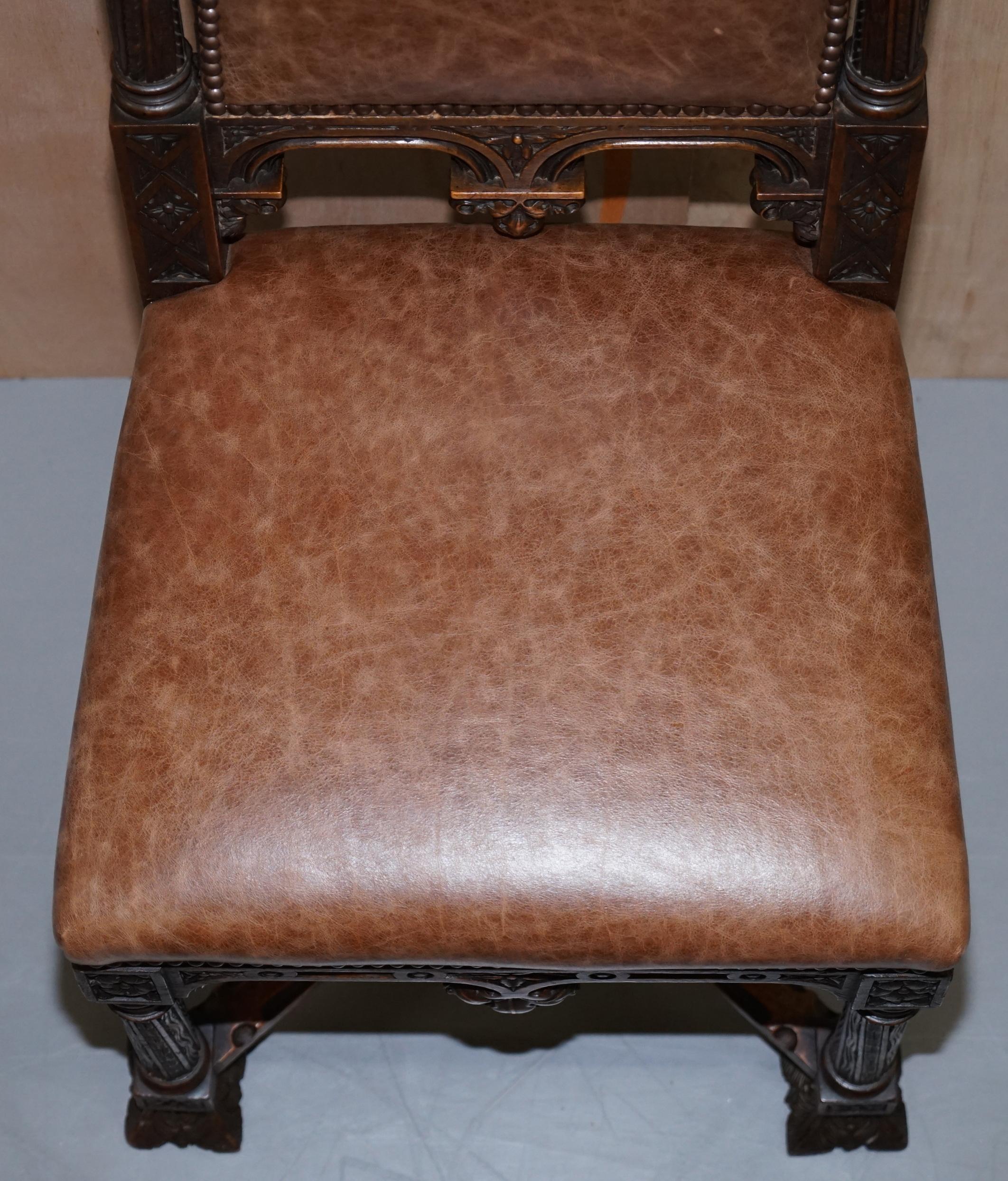 Pair of Restored Victorian French Brown Leather Hand Carved Armchairs Gothic 11