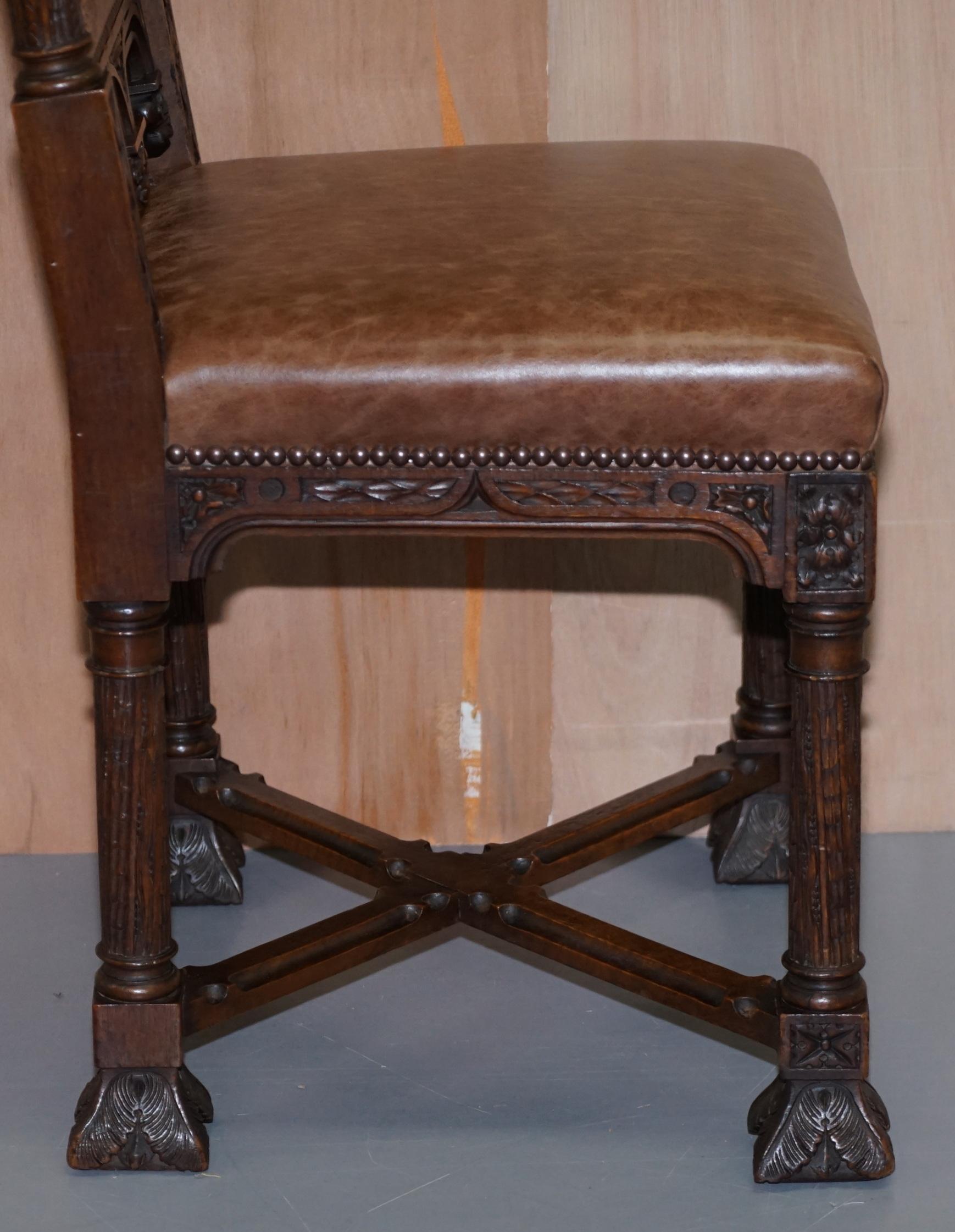 Pair of Restored Victorian French Brown Leather Hand Carved Armchairs Gothic 16