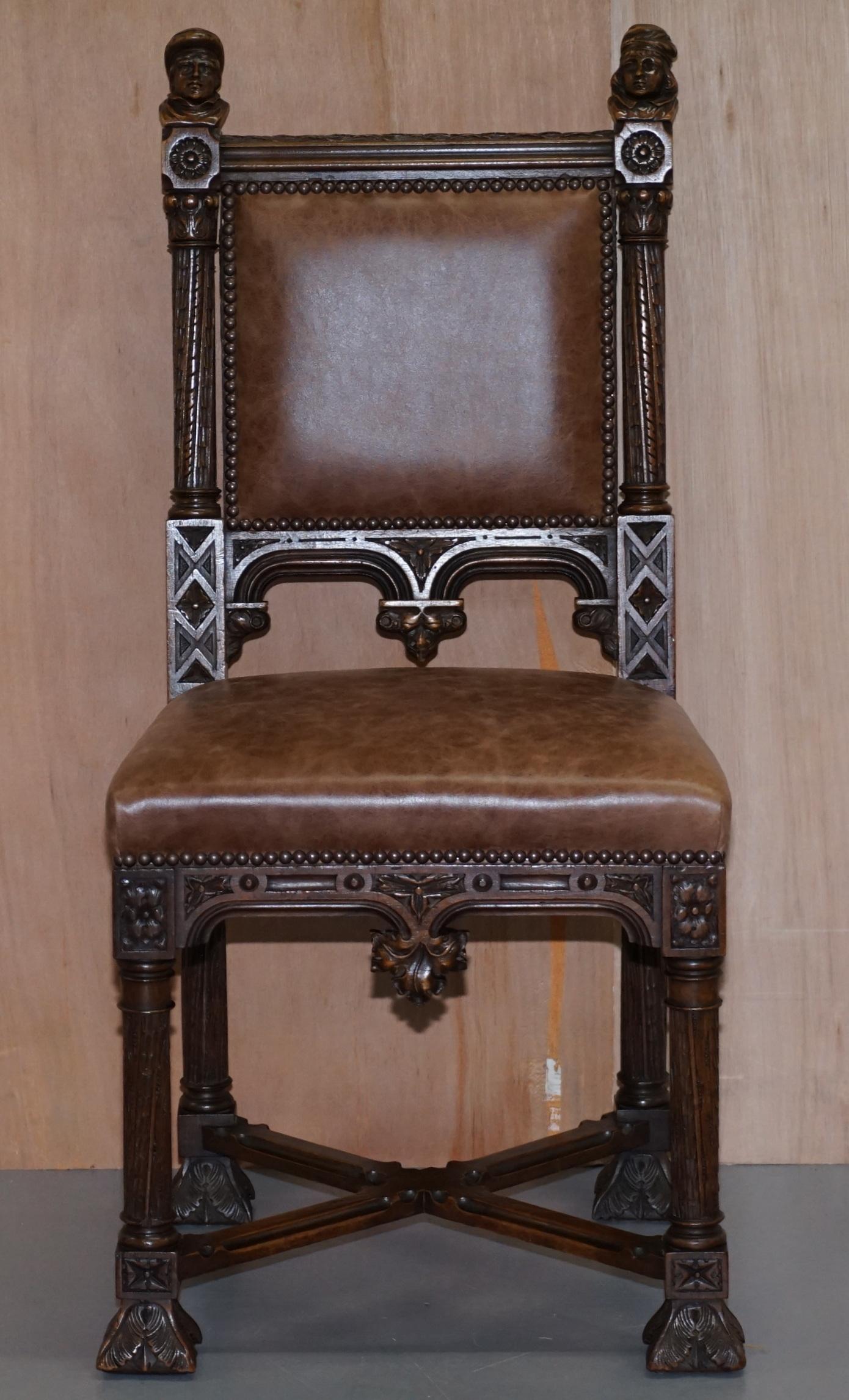Hand-Crafted Pair of Restored Victorian French Brown Leather Hand Carved Armchairs Gothic
