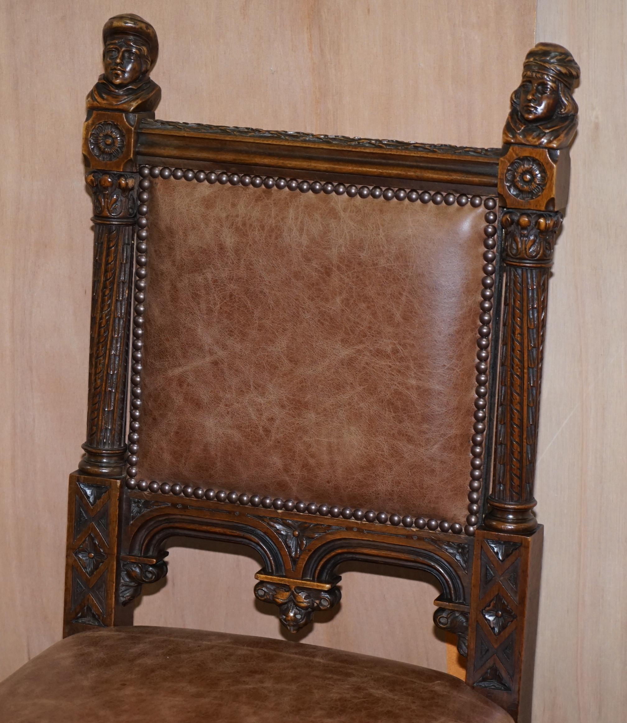 19th Century Pair of Restored Victorian French Brown Leather Hand Carved Armchairs Gothic