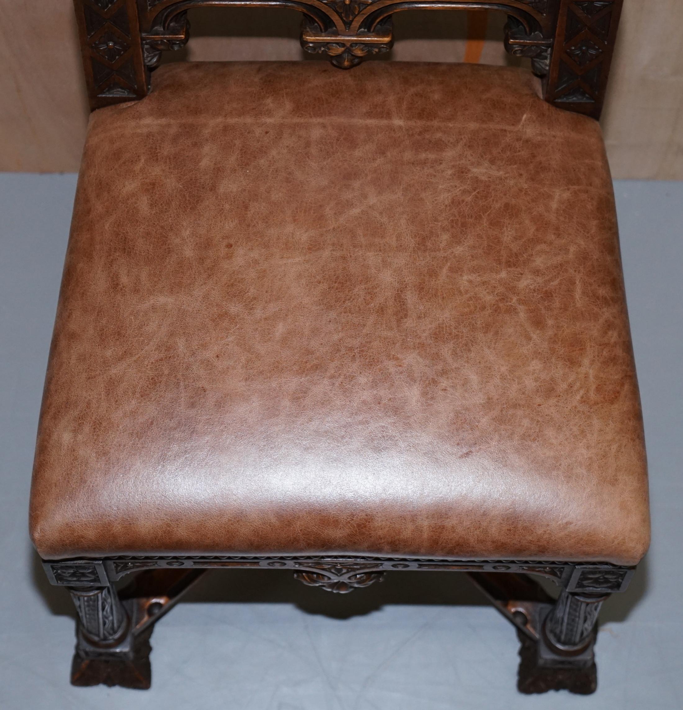 Pair of Restored Victorian French Brown Leather Hand Carved Armchairs Gothic 2