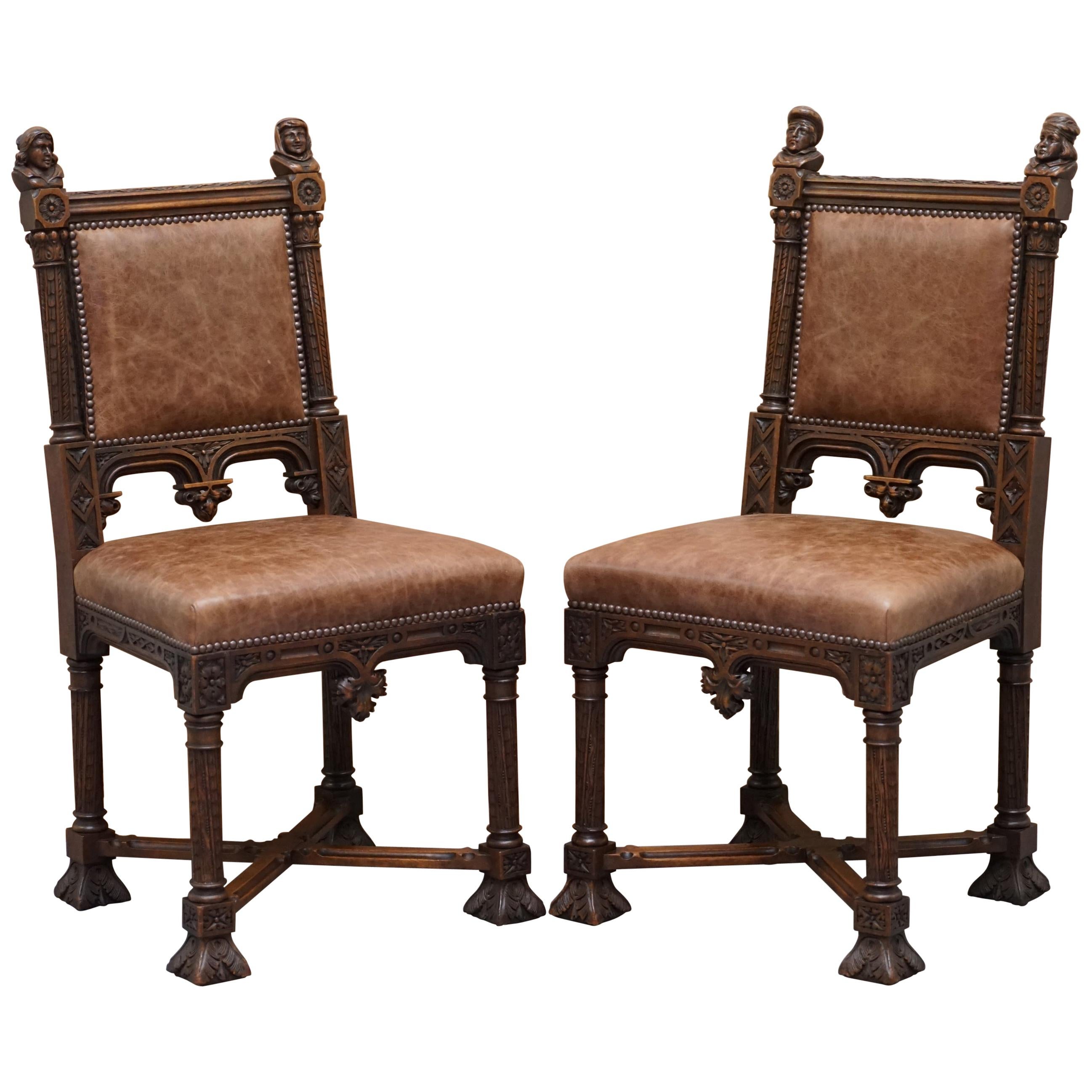 Pair of Restored Victorian French Brown Leather Hand Carved Armchairs Gothic
