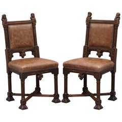 Pair of Restored Victorian French Brown Leather Hand Carved Armchairs Gothic